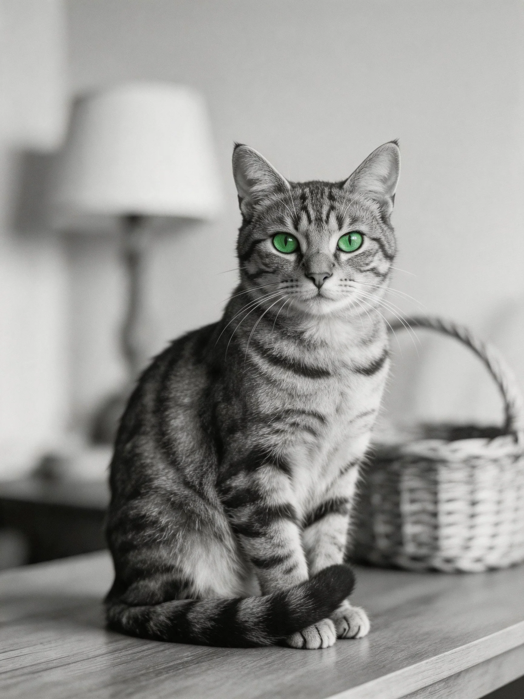 A tabby cat with vivid green eyes sits calmly on a wooden surface near a wicker basket
