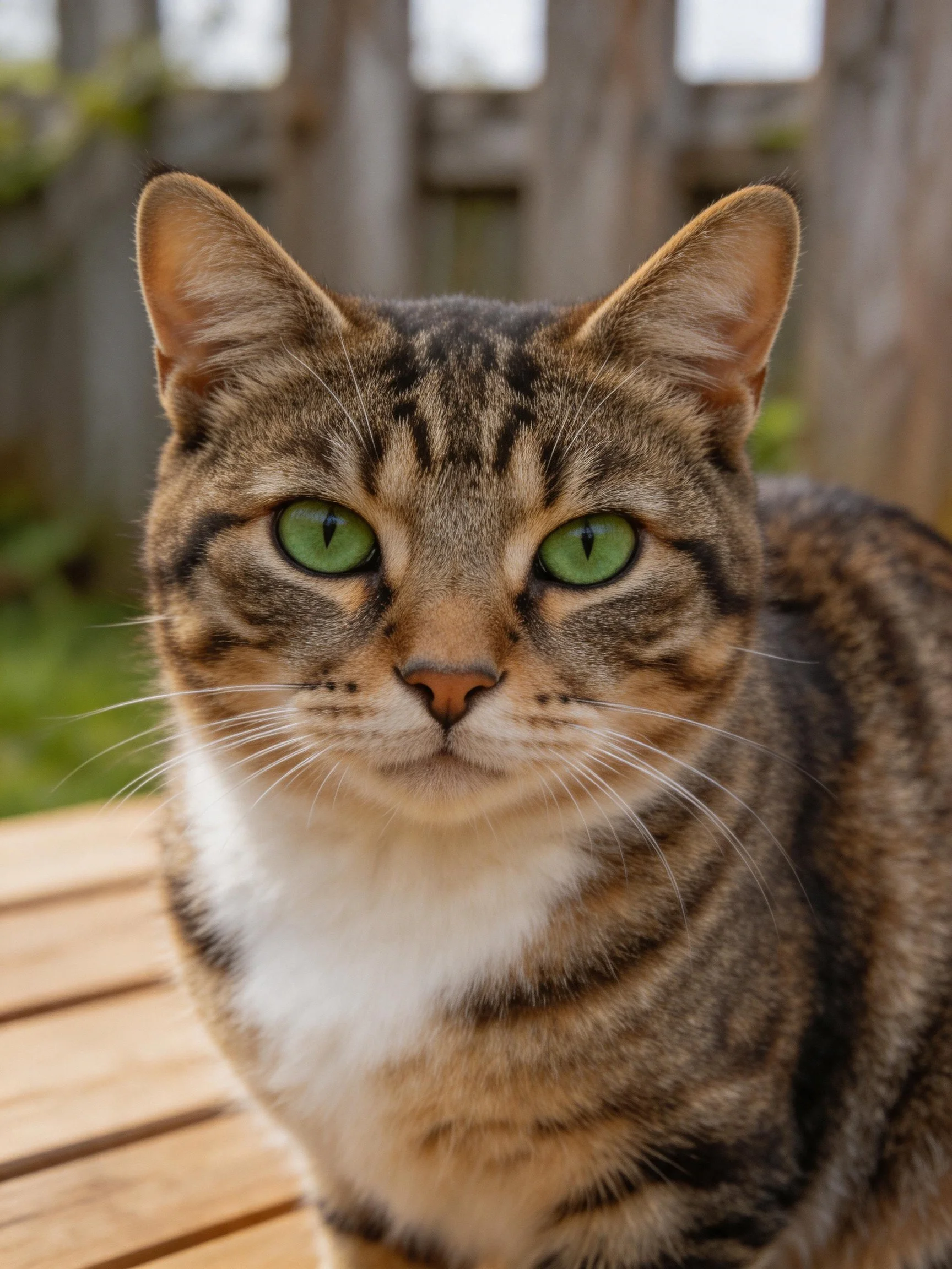 A tabby cat with striking green eyes rests on an outdoor wooden structure.