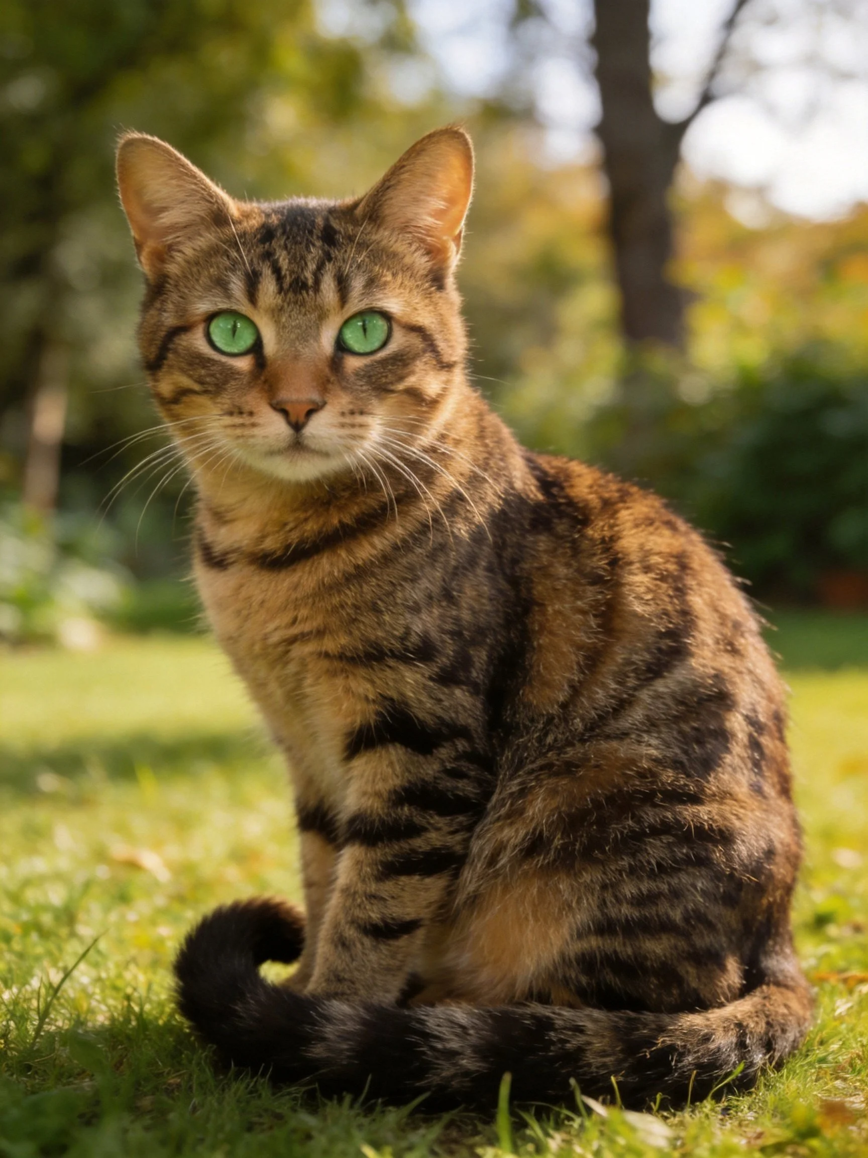 A tabby cat with green eyes sits on grass in a sunlit outdoor setting.