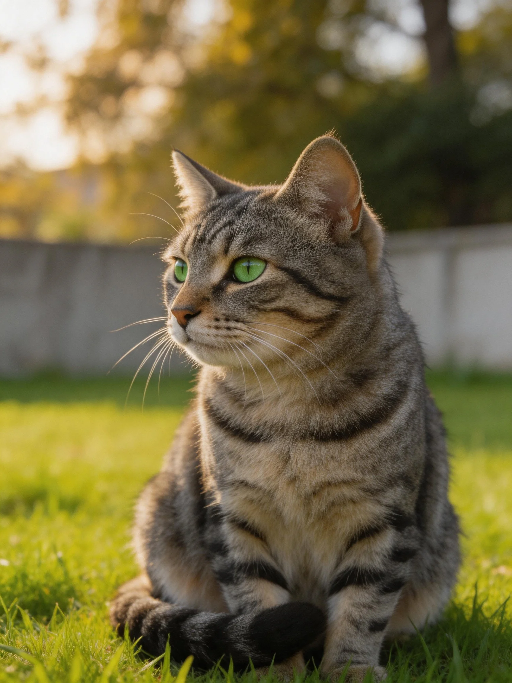 A tabby cat with green eyes sits calmly on sunlit grass.