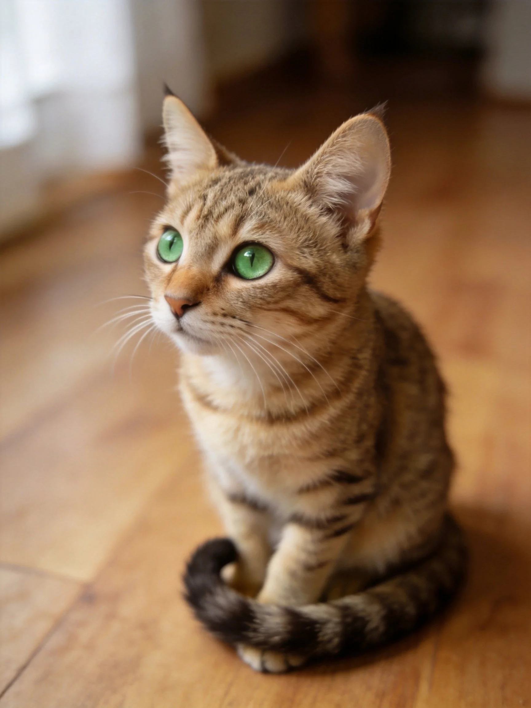 A tabby cat with bright green eyes sits calmly on wooden flooring.