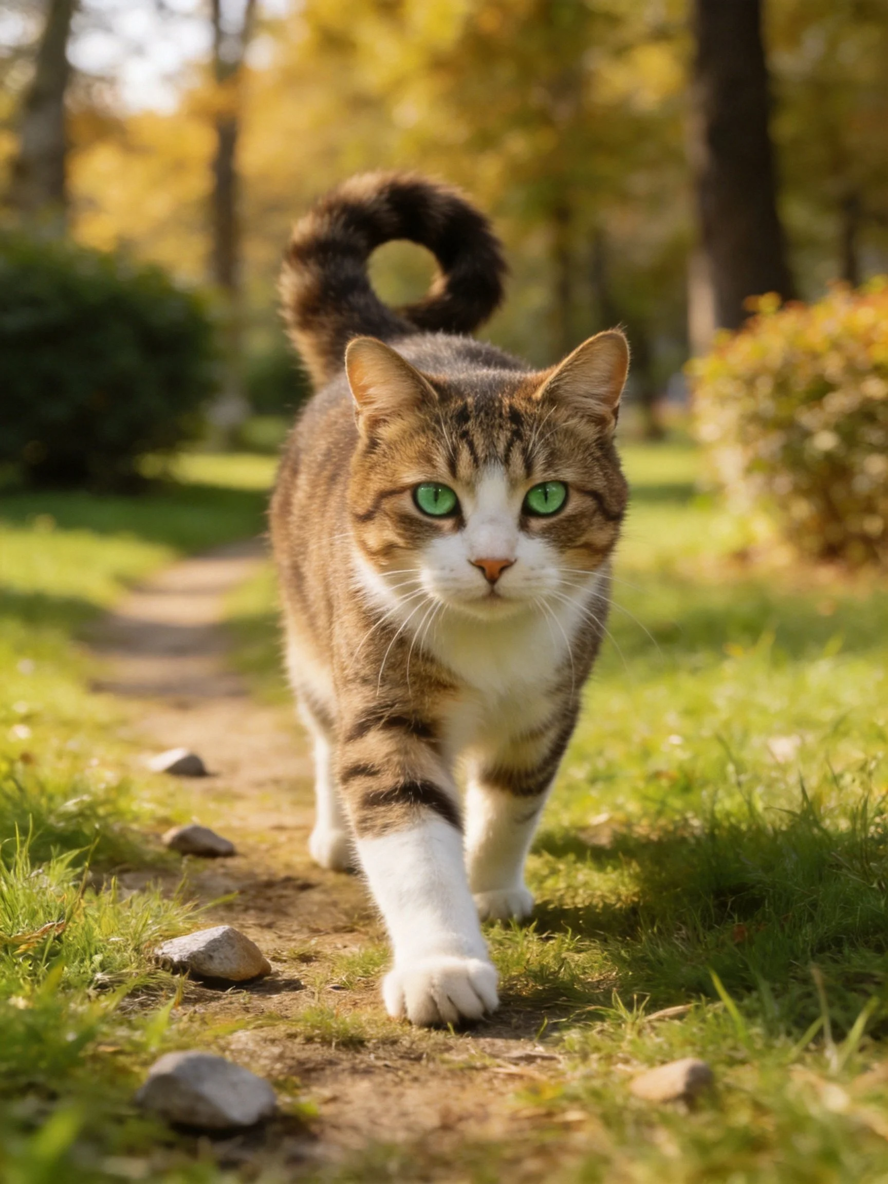 A tabby cat with green eyes approaches the viewer on a sunlit park path.