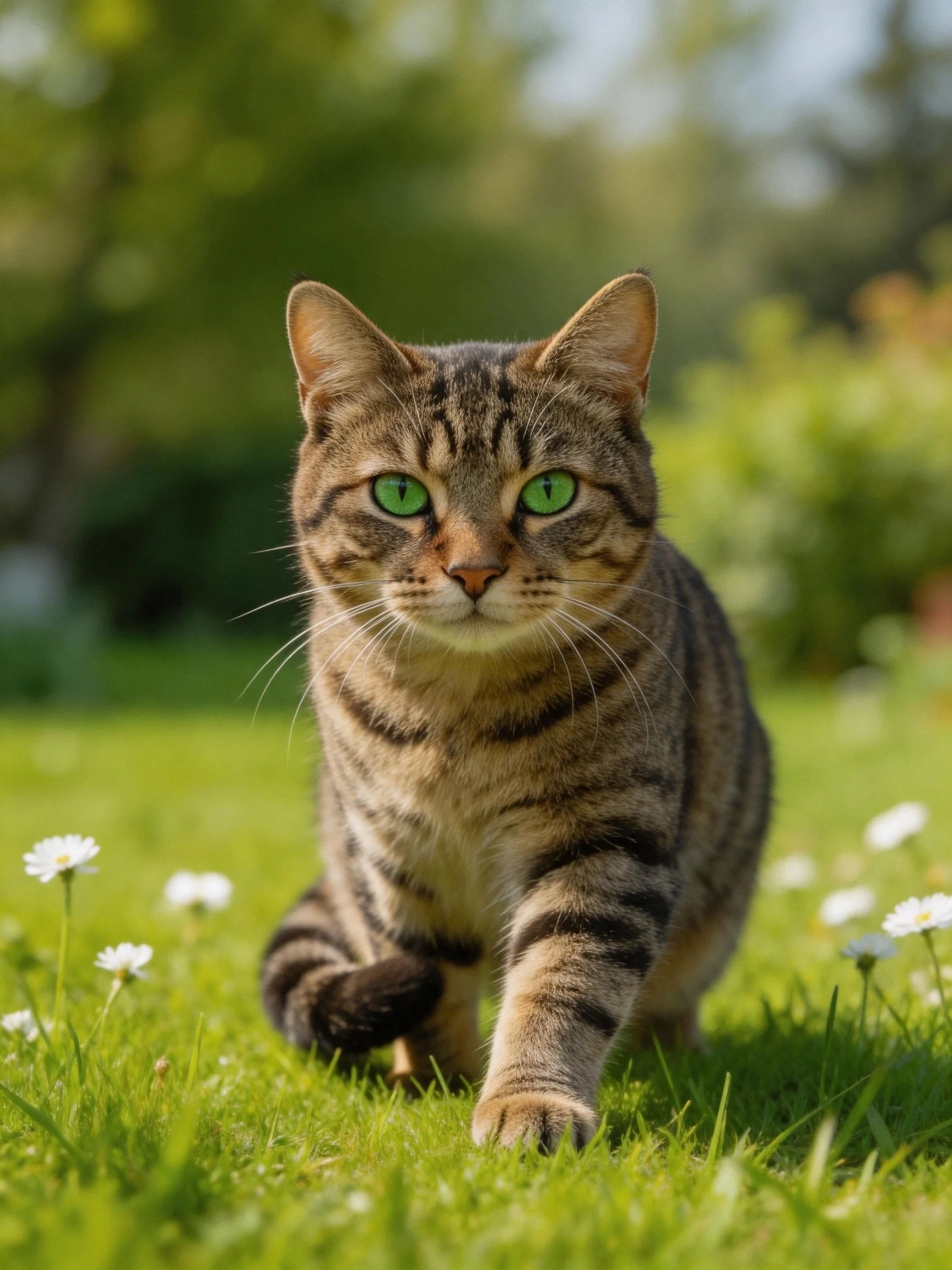A tabby cat with green eyes explores a grassy area dotted with small white flowers