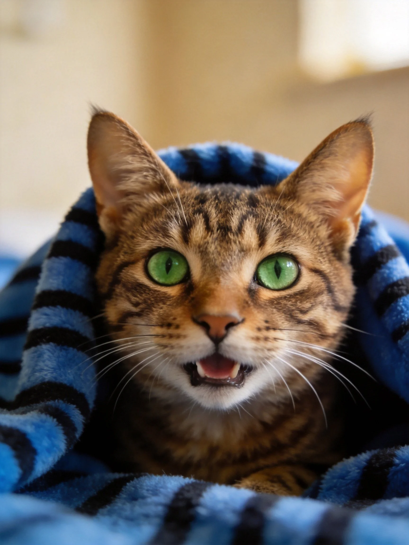 A tabby cat with bright green eyes rests in a blue striped towel.