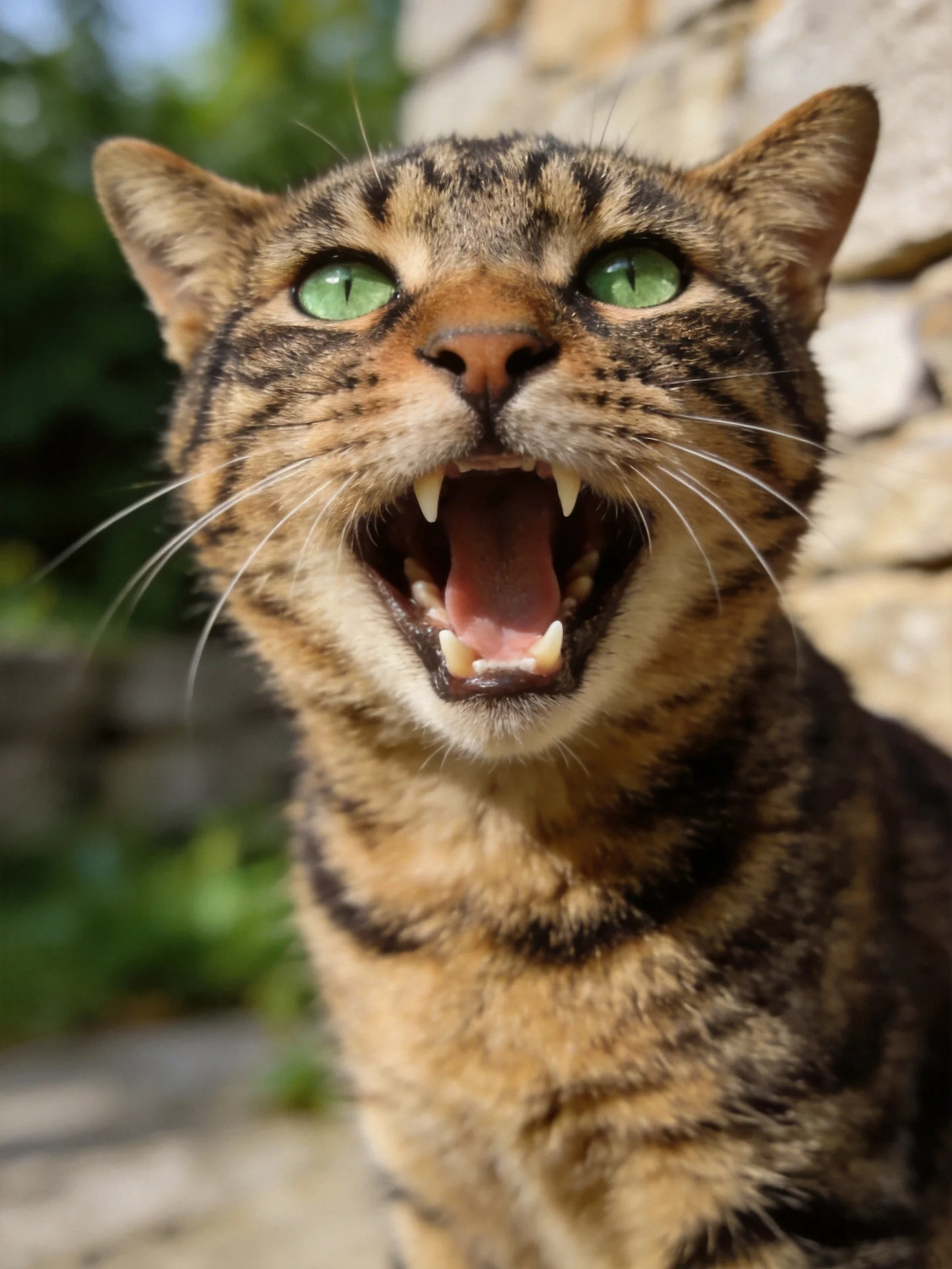 A tabby cat yawns widely in an outdoor setting with a blurred backdrop.
