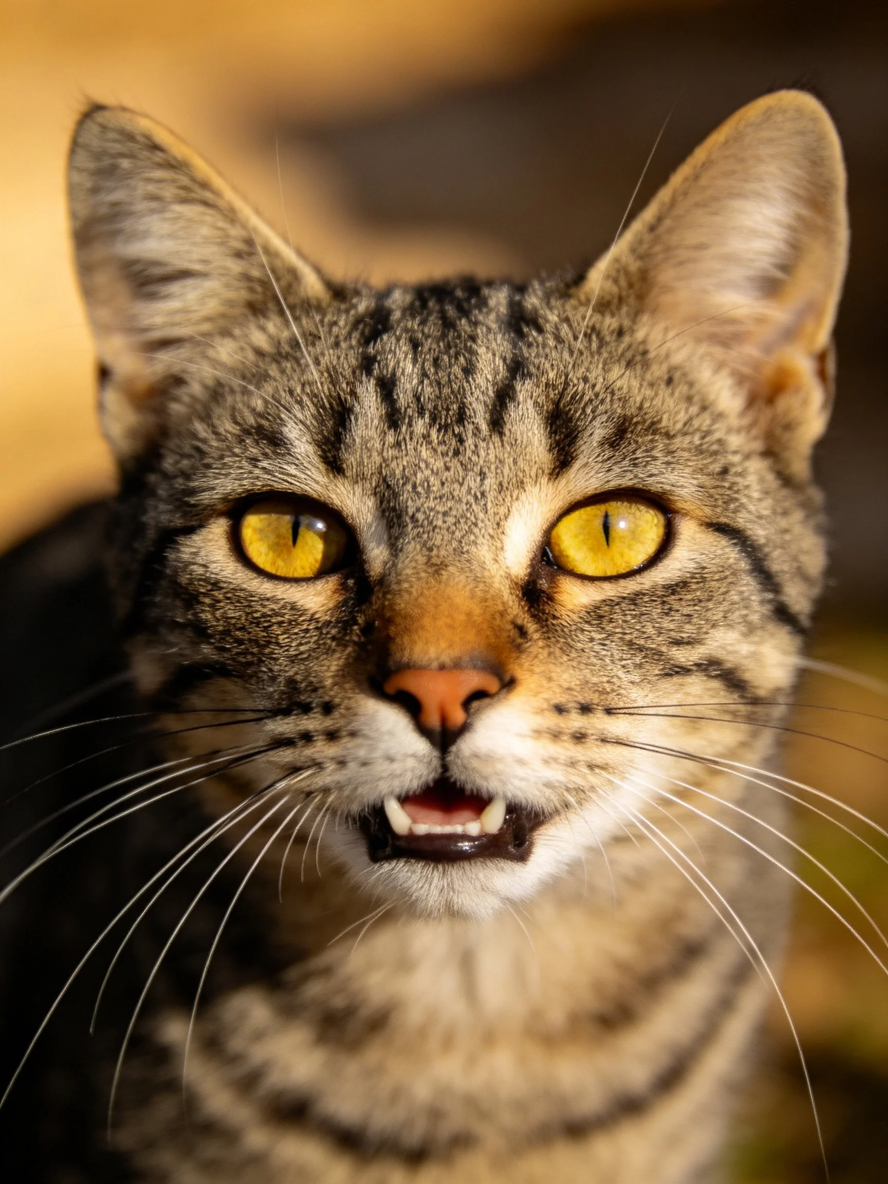 A tabby cat with vivid yellow eyes and patterned fur is captured in close-up.