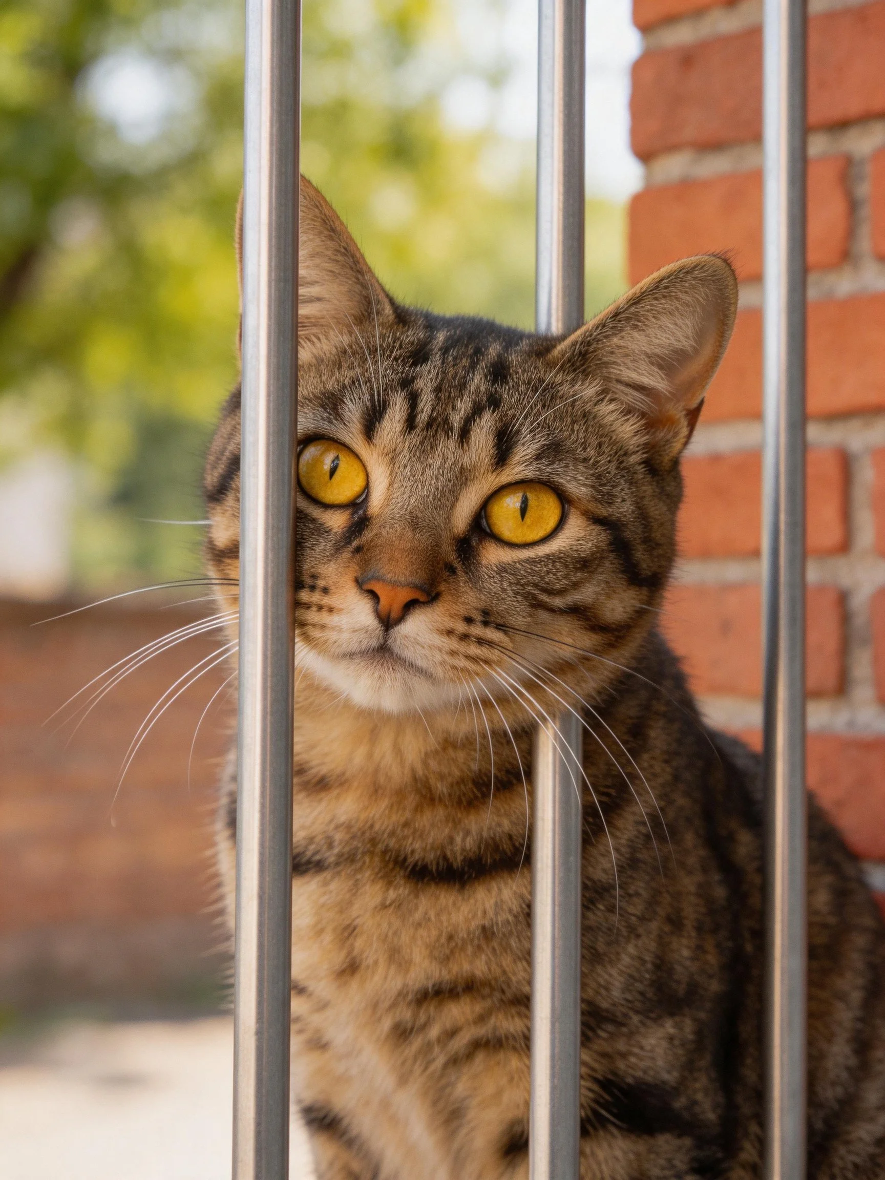 A tabby cat with yellow eyes sits behind metal bars by a brick wall.