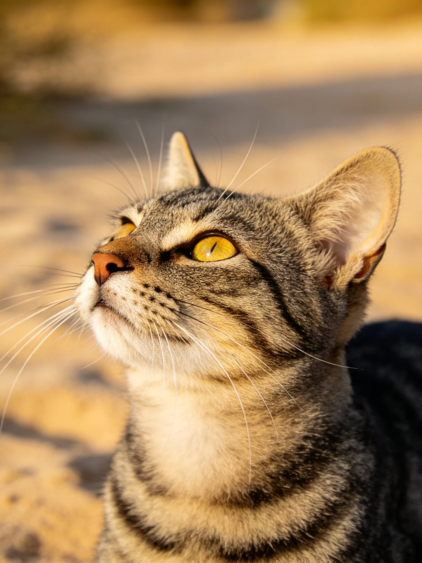 A tabby cat gazes upward with bright yellow eyes in an outdoor setting.