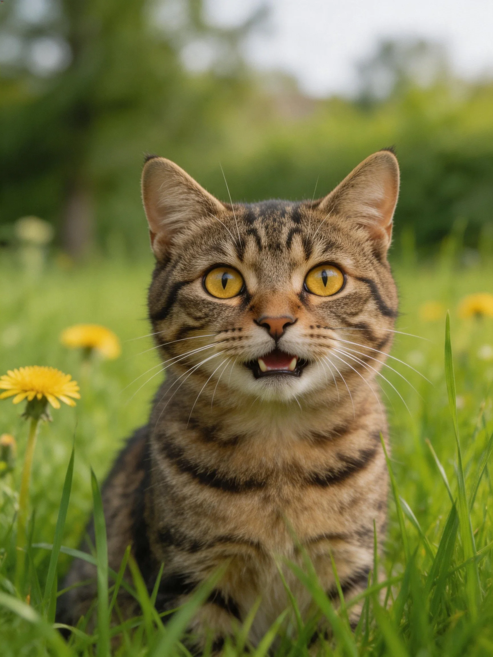 A tabby cat with bright yellow eyes sits among tall green grass and yellow flowers.