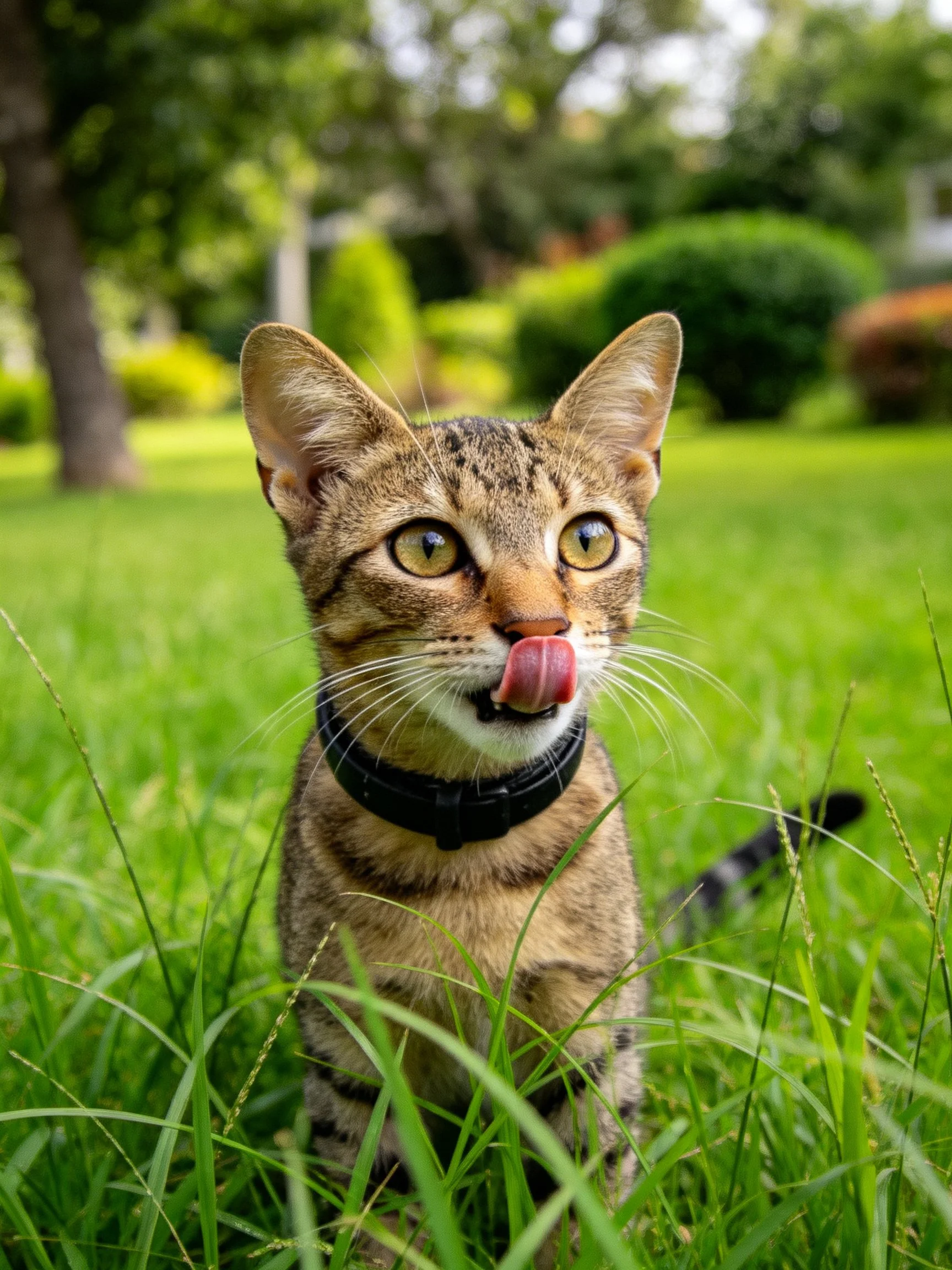 A tabby cat with bright yellow eyes licks its nose while sitting in tall green grass outdoors.