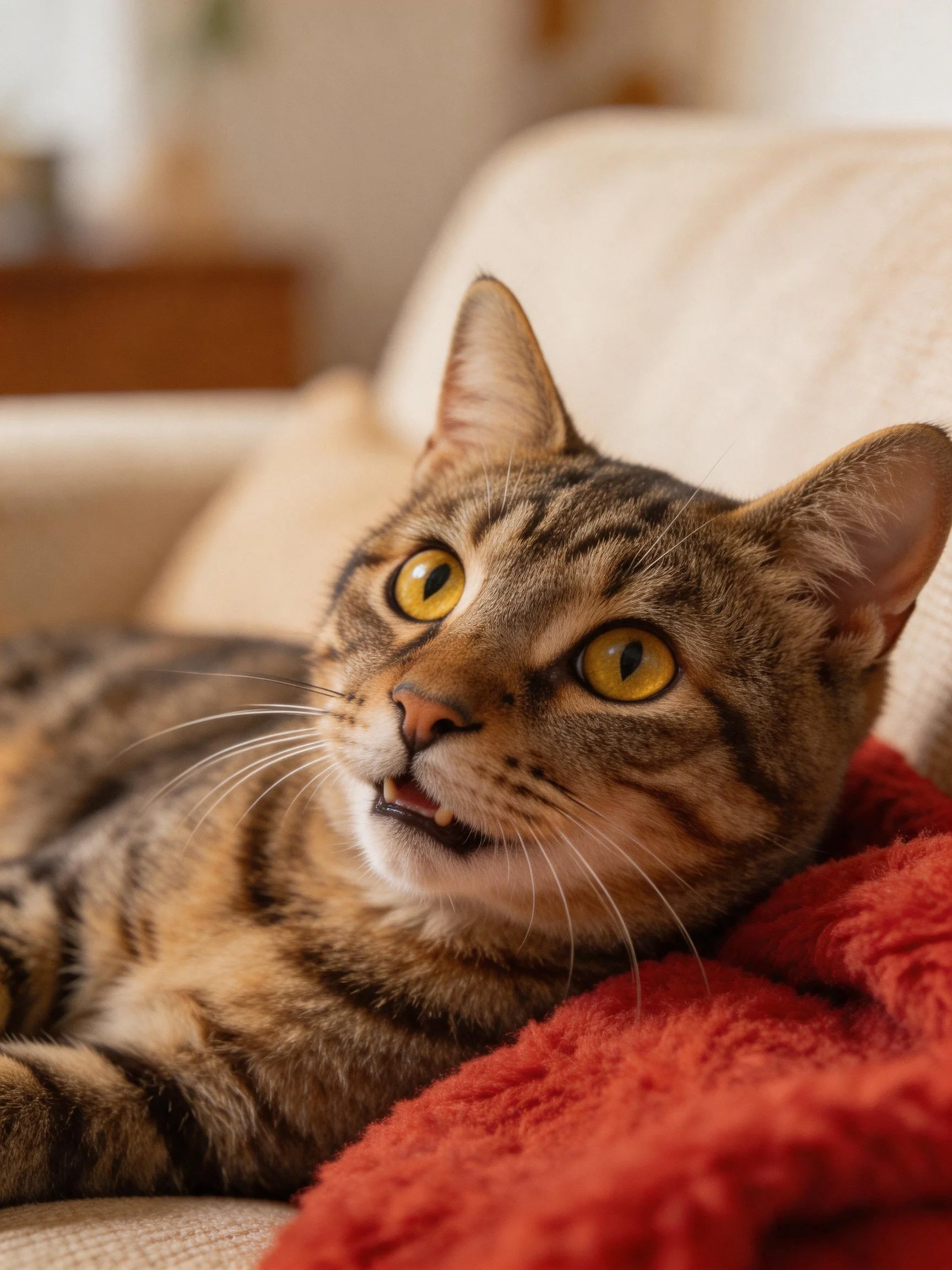 A tabby cat with bright yellow eyes relaxes on a beige couch beside a red blanket