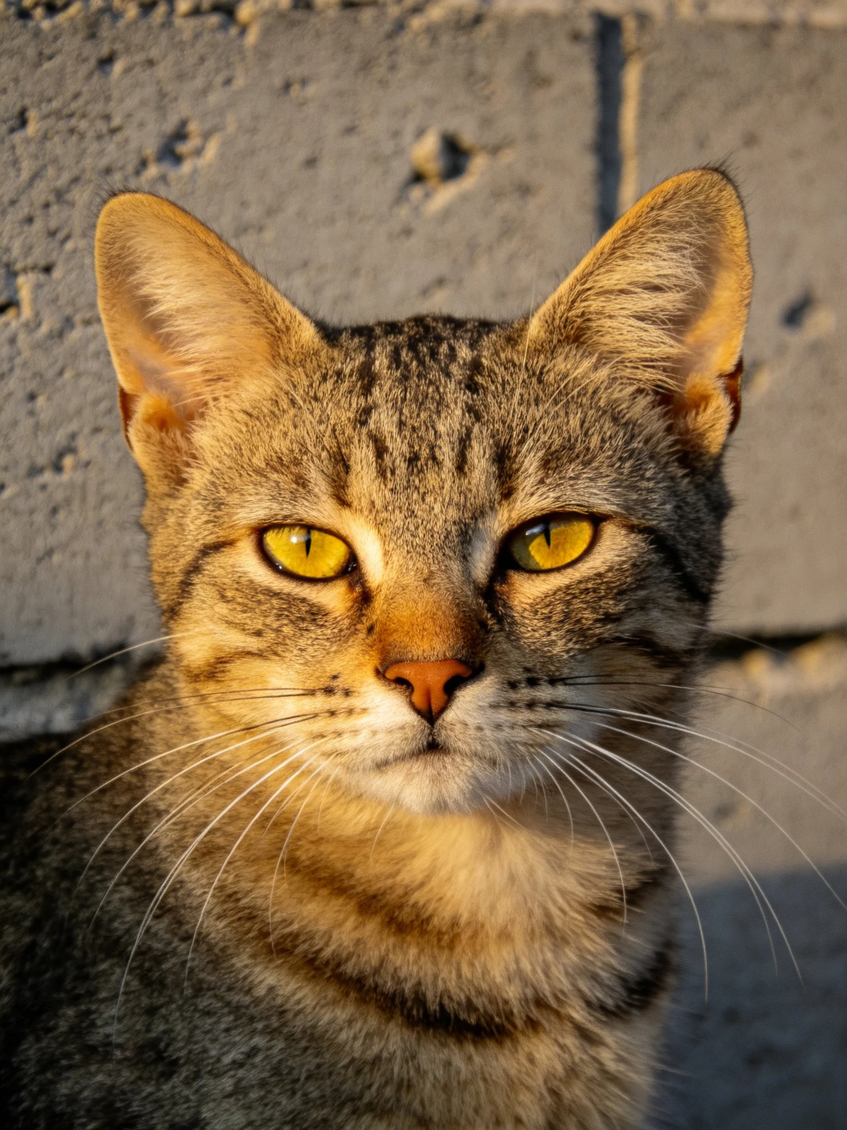 A tabby cat with yellow eyes sits by a gray brick wall.