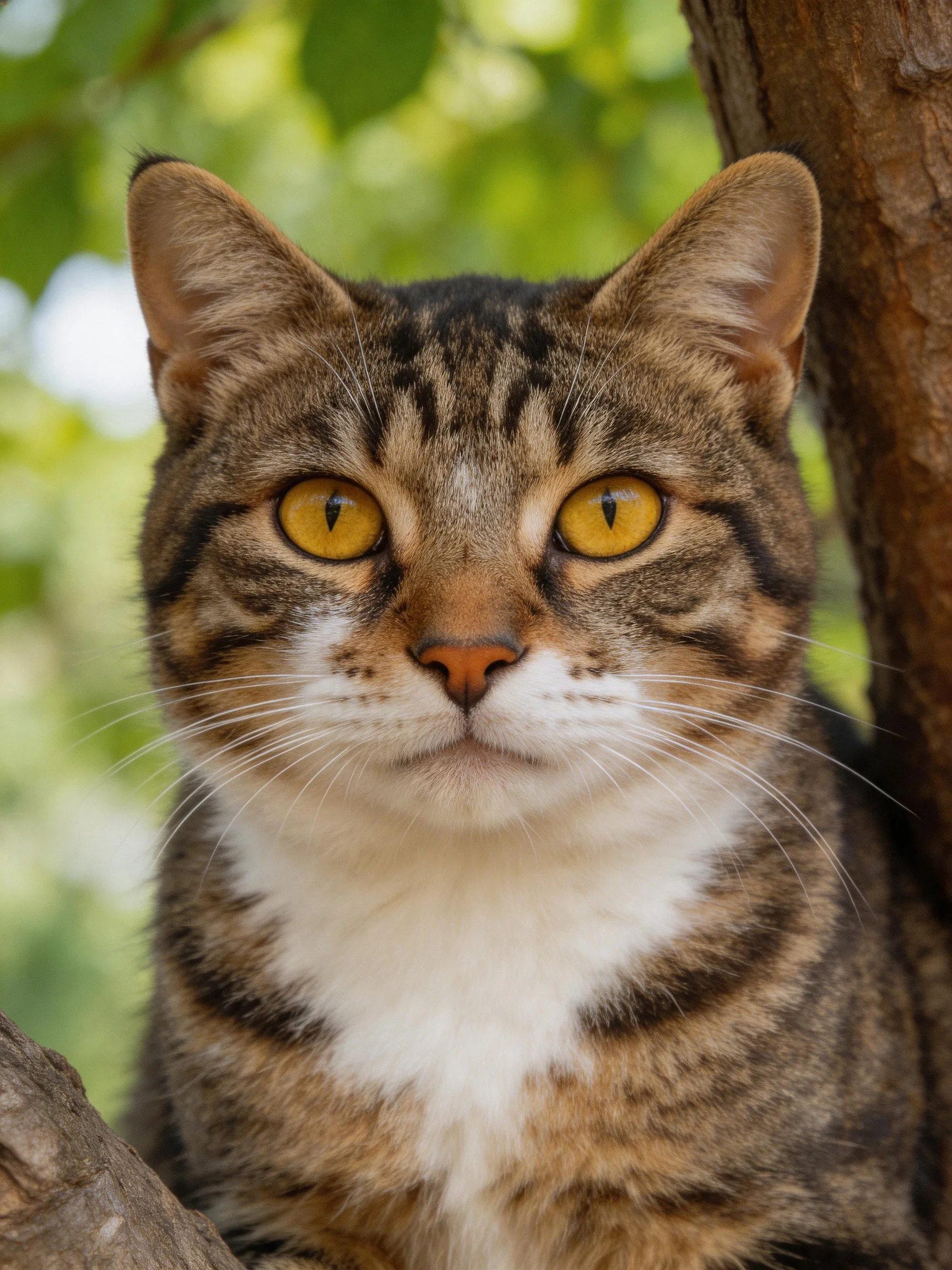 A tabby cat with vivid yellow eyes sits near a tree trunk amid leafy surroundings.