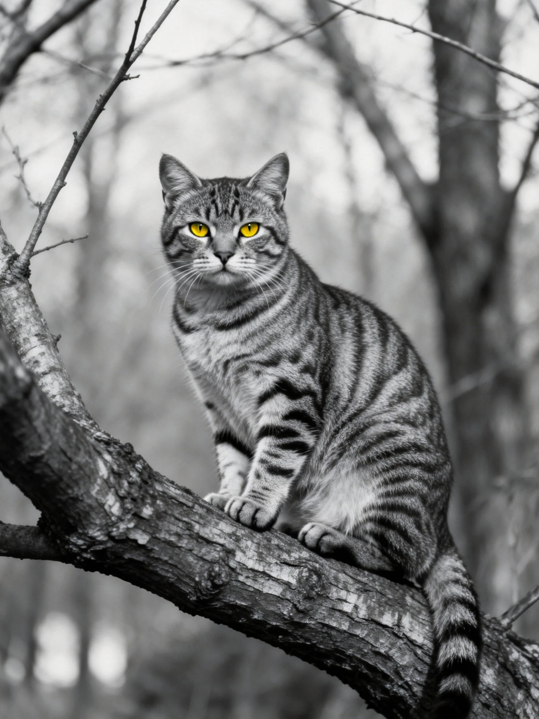 A tabby cat with vivid yellow eyes sits on a tree branch in a forested area.