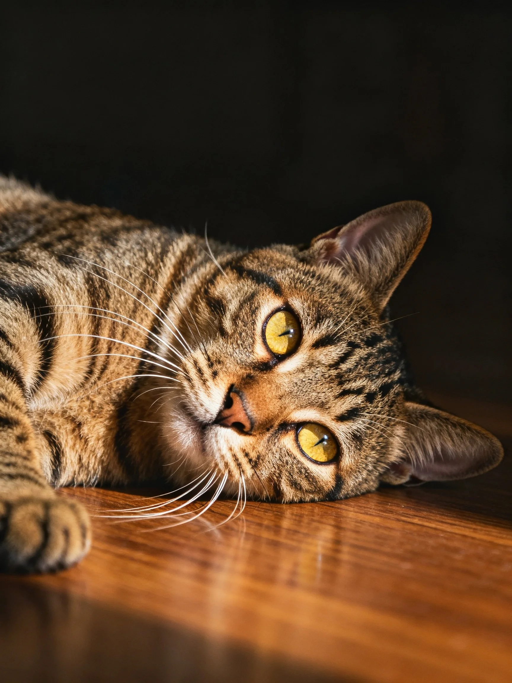 A tabby cat with vivid yellow eyes lies on a wooden surface amid a dark setting.