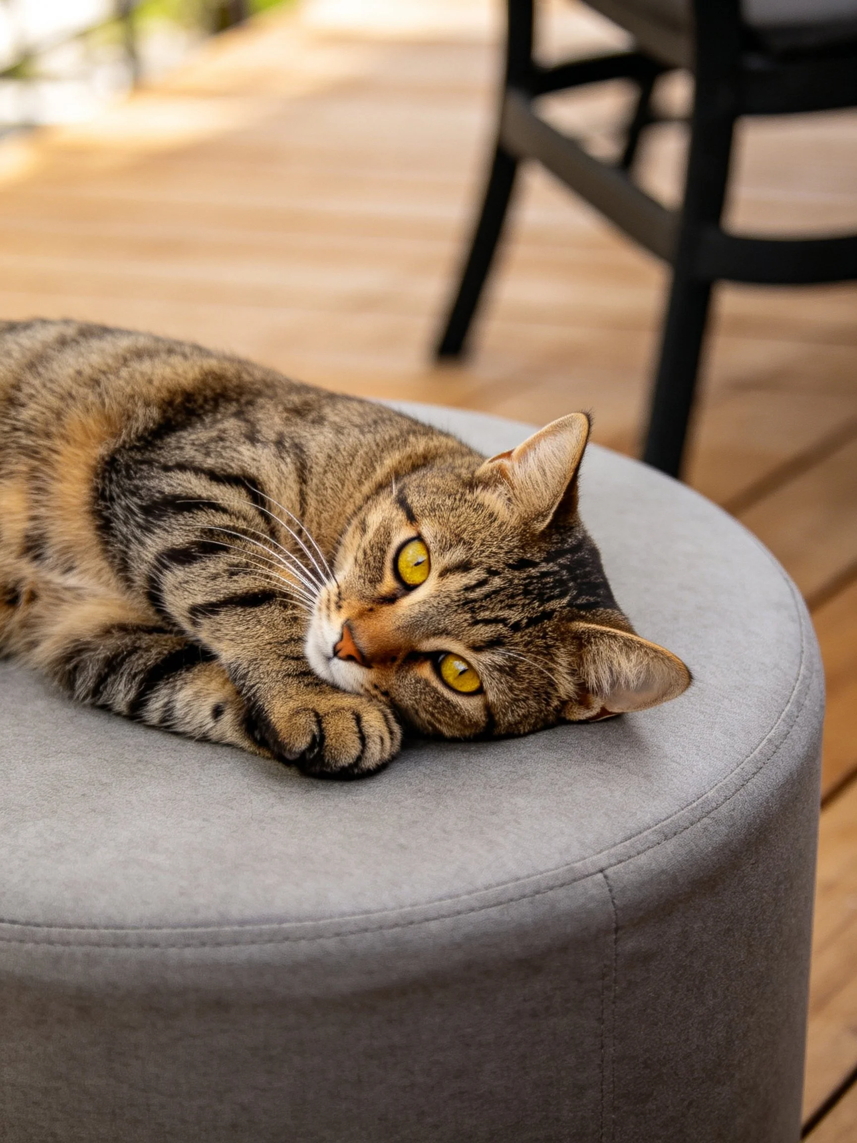 A tabby cat with yellow eyes relaxes on a gray ottoman in an outdoor area.