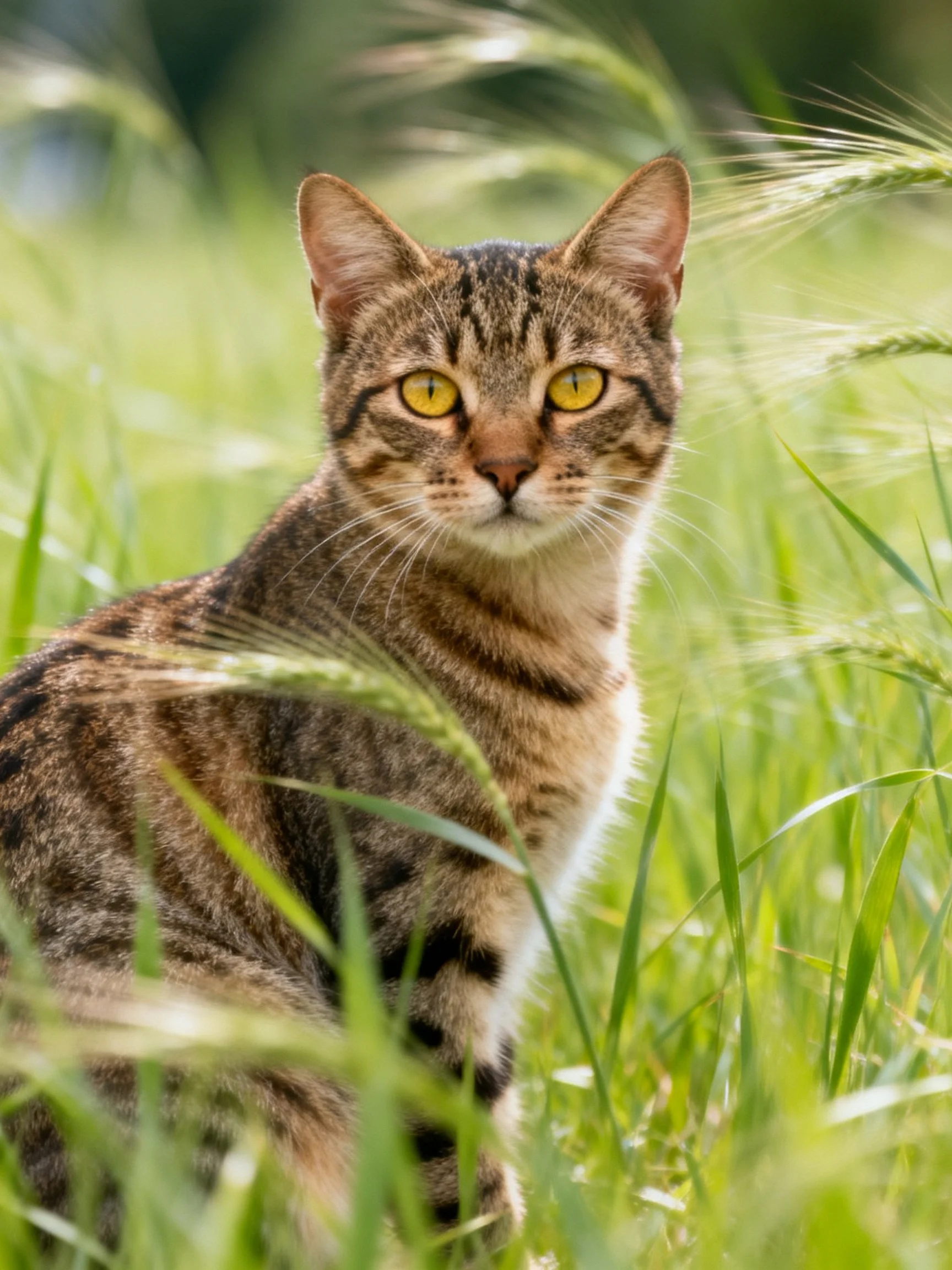 A tabby cat with yellow eyes is nestled in tall green grass.