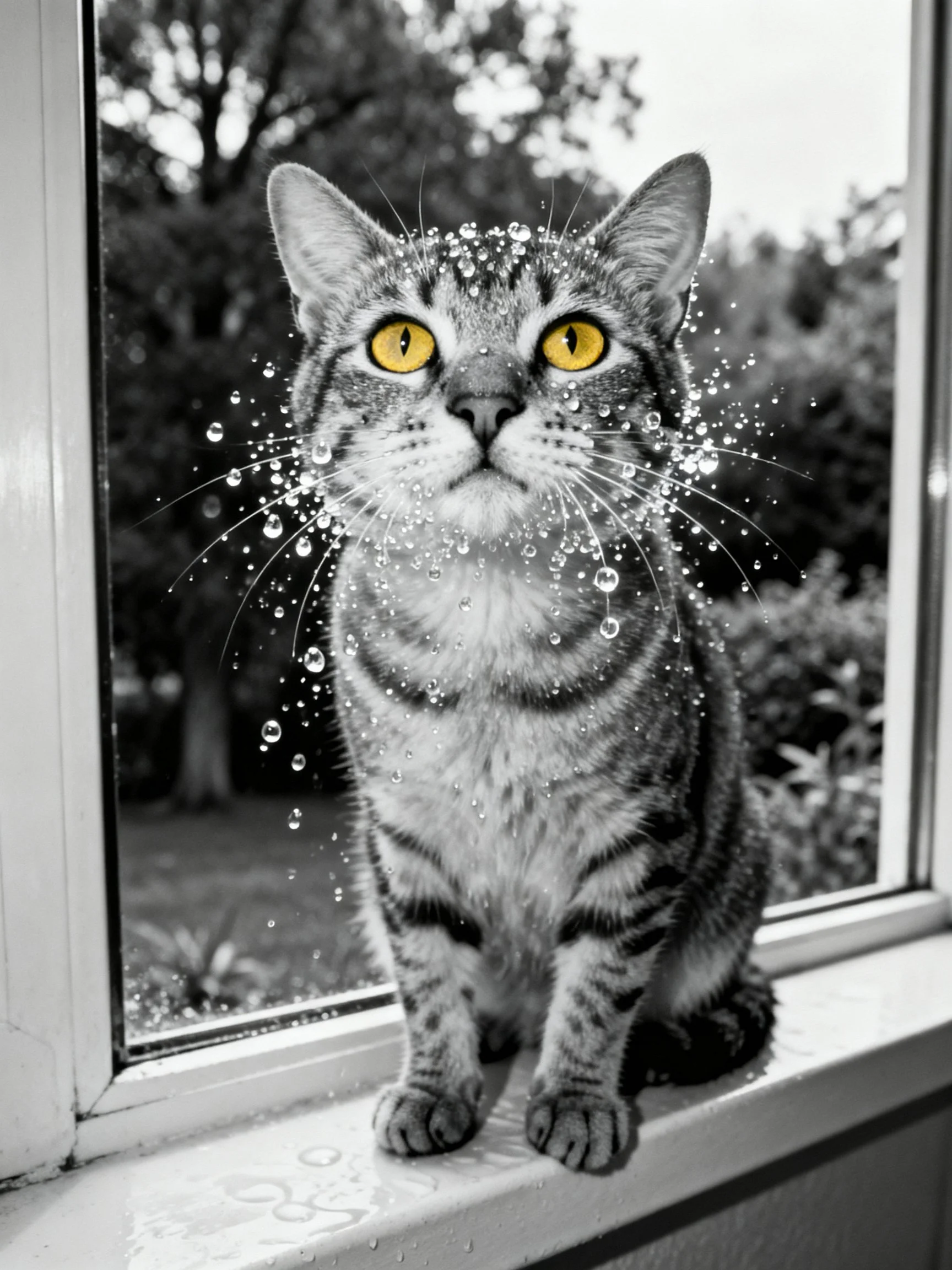 A tabby cat with bright yellow eyes sits near a window with water droplets