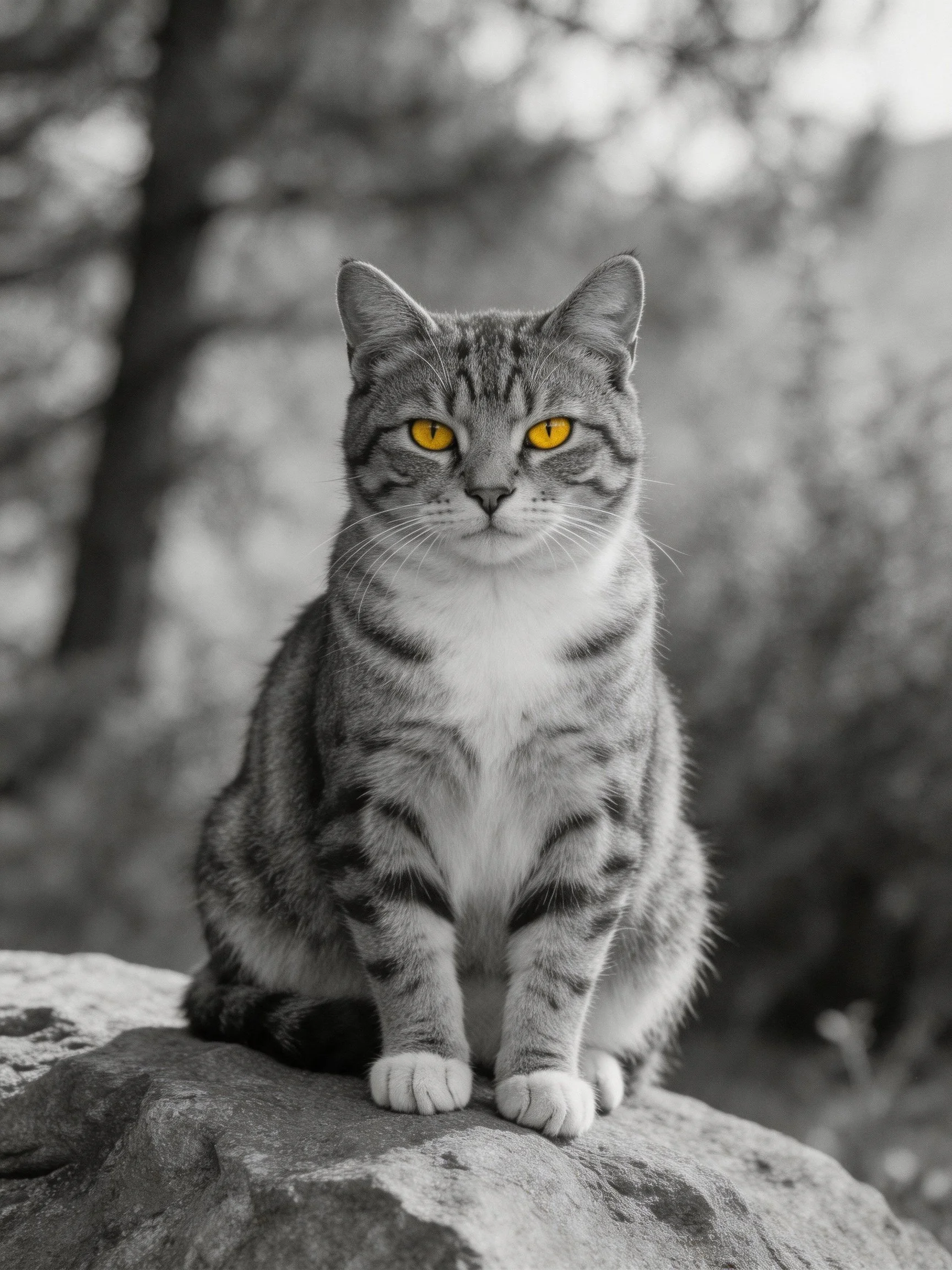 A tabby cat with bright yellow eyes sits on a rock in a blurred natural setting.