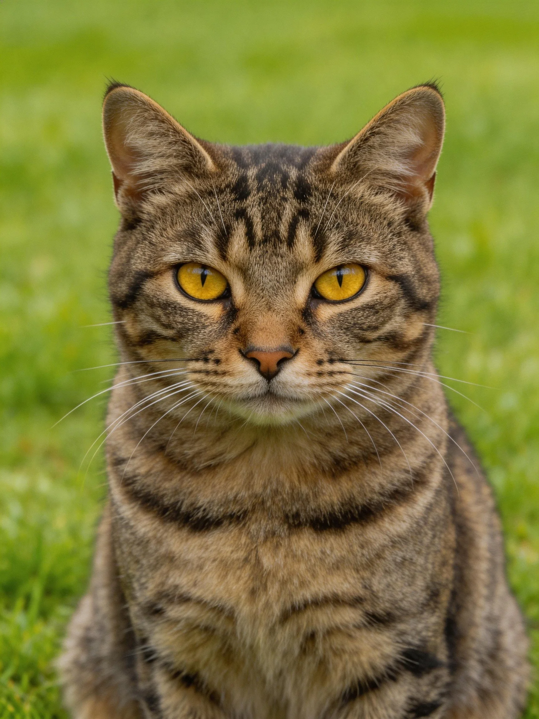 A tabby cat with yellow eyes is seated on green grass.
