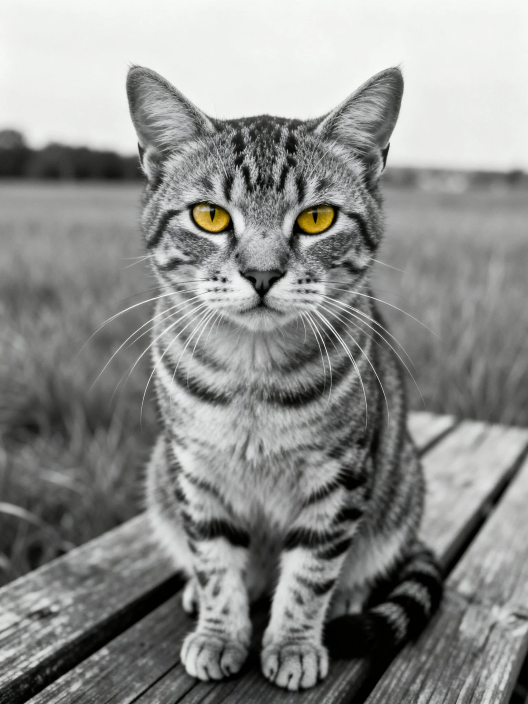 A tabby cat with striking yellow eyes sits on a wooden surface.