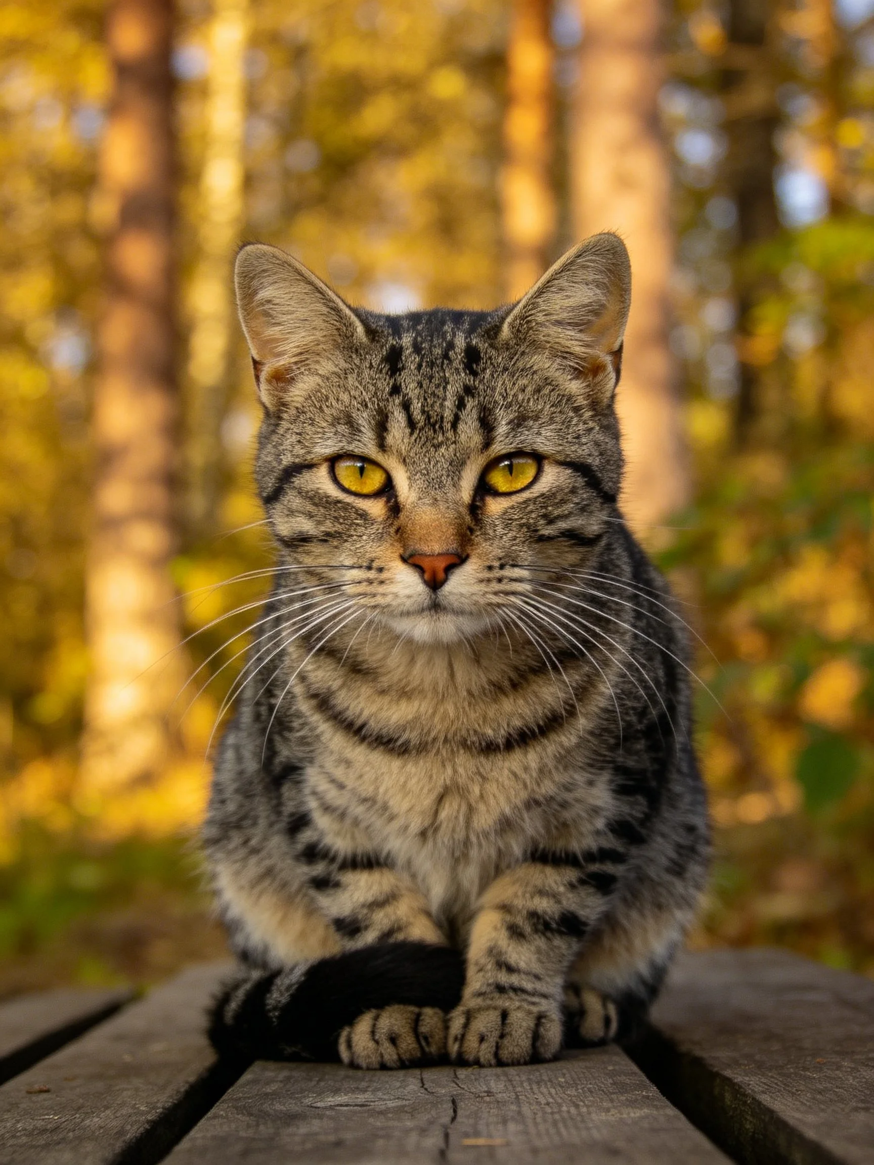 A tabby cat with vivid yellow eyes rests on a wooden surface near autumnal trees.