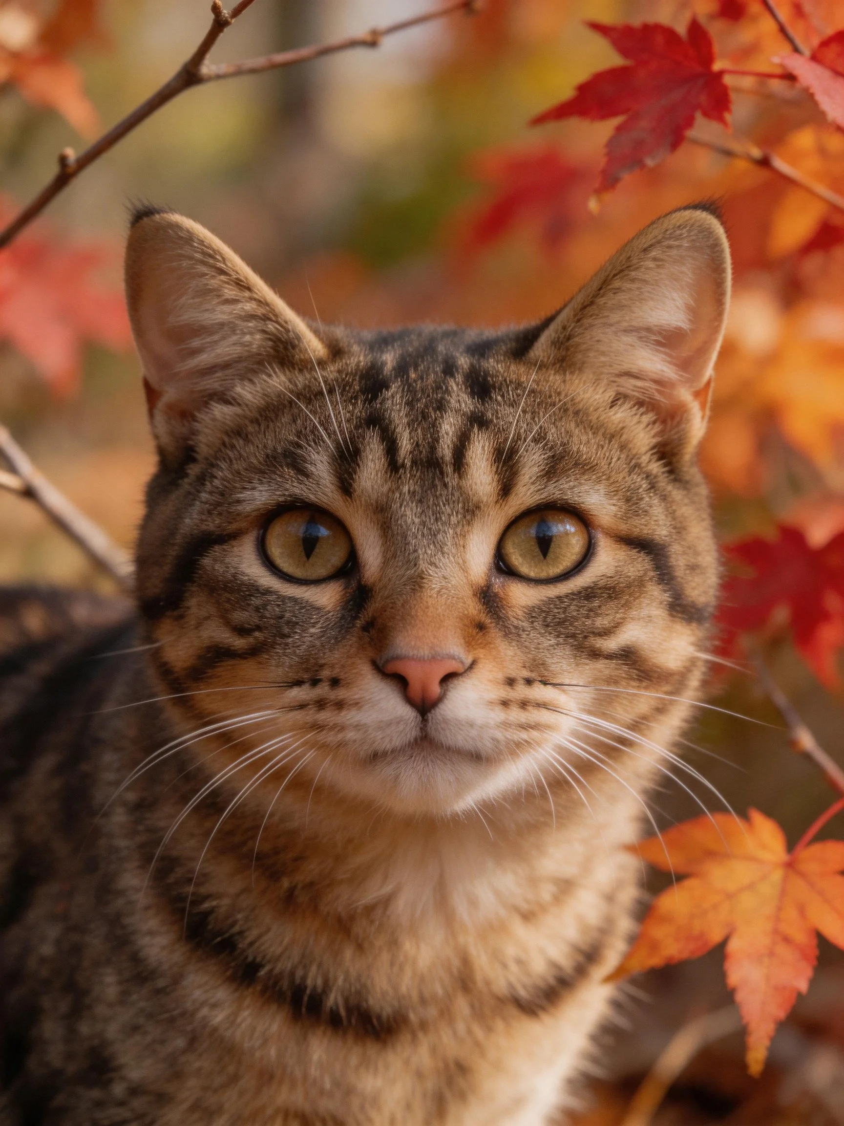 A tabby cat is positioned near colorful autumn leaves in an outdoor setting.