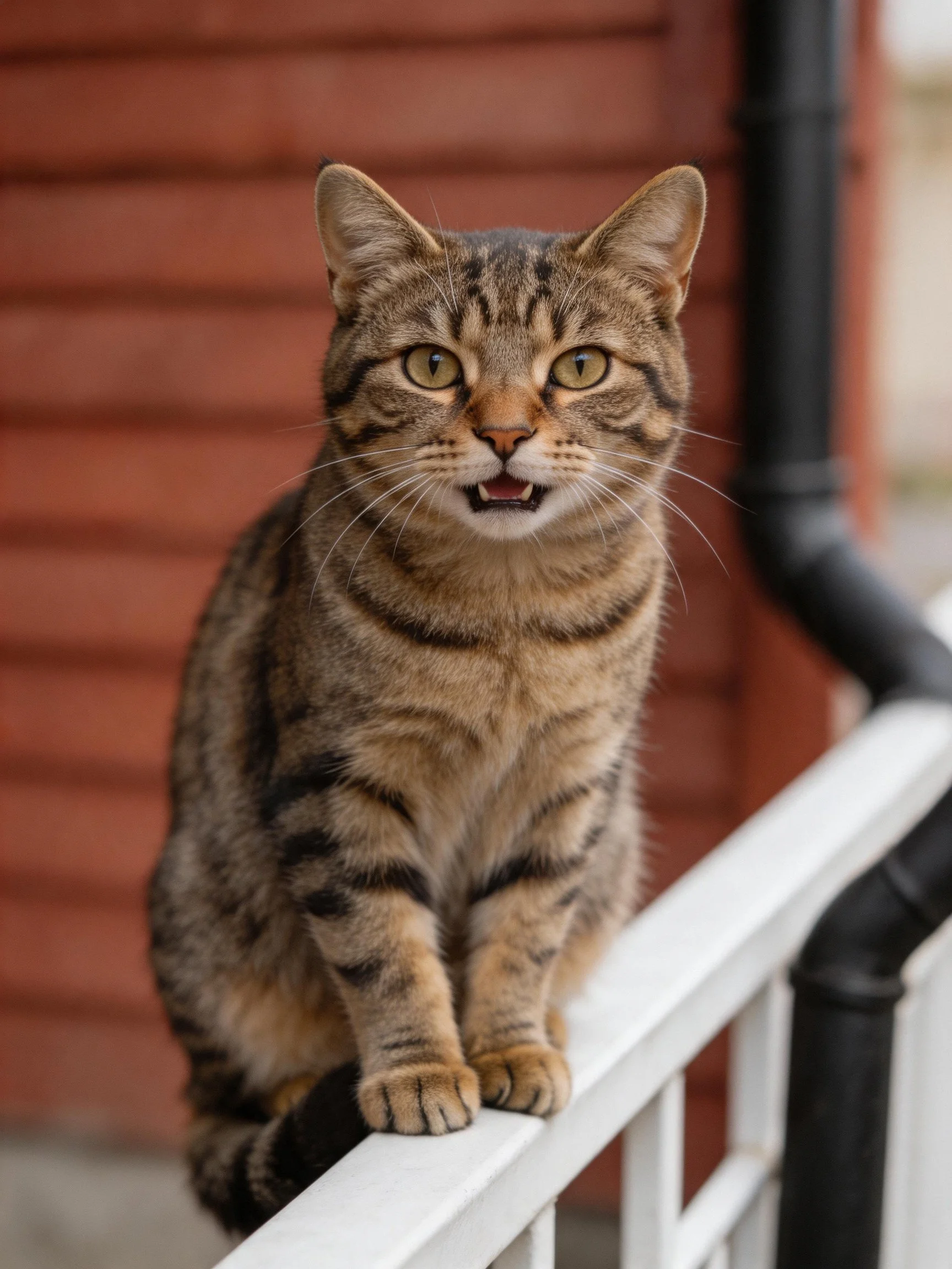 A tabby cat sits on a white railing beside a red wooden wall.