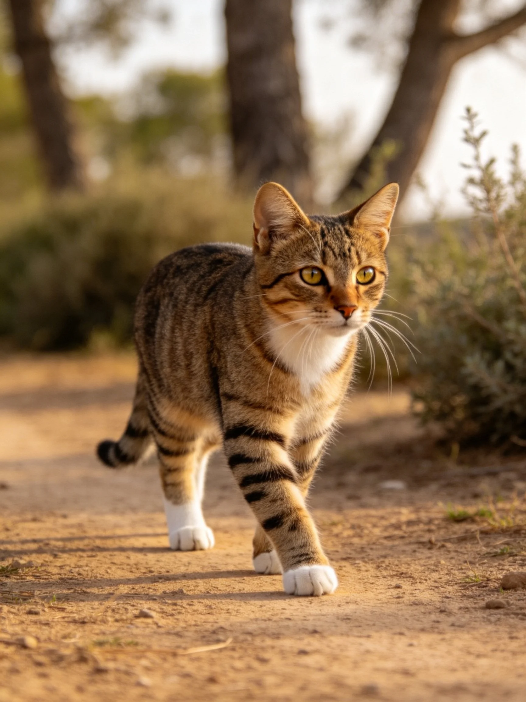 A tabby cat with brown and black stripes walks along a sunlit dirt path near trees and bushes