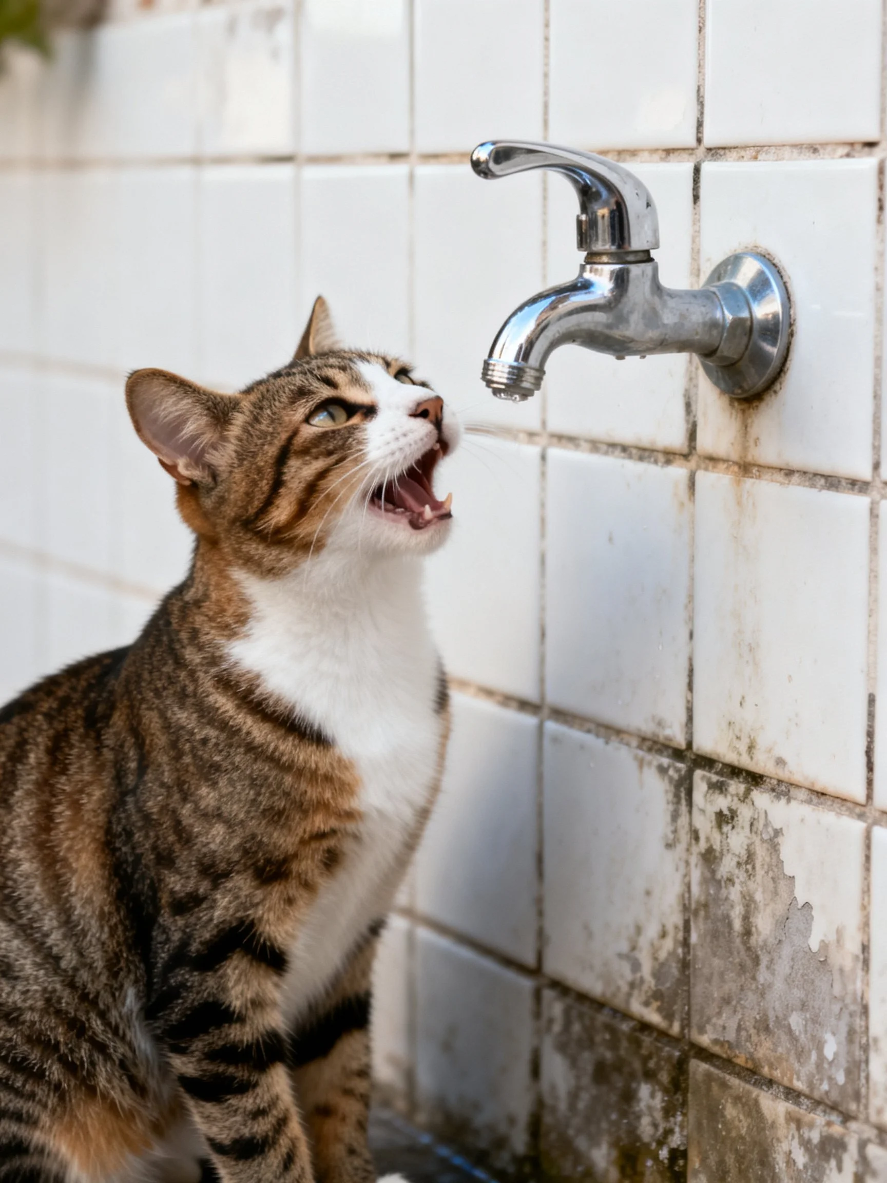 A tabby cat looks up at an outdoor water faucet mounted on a tiled wall.