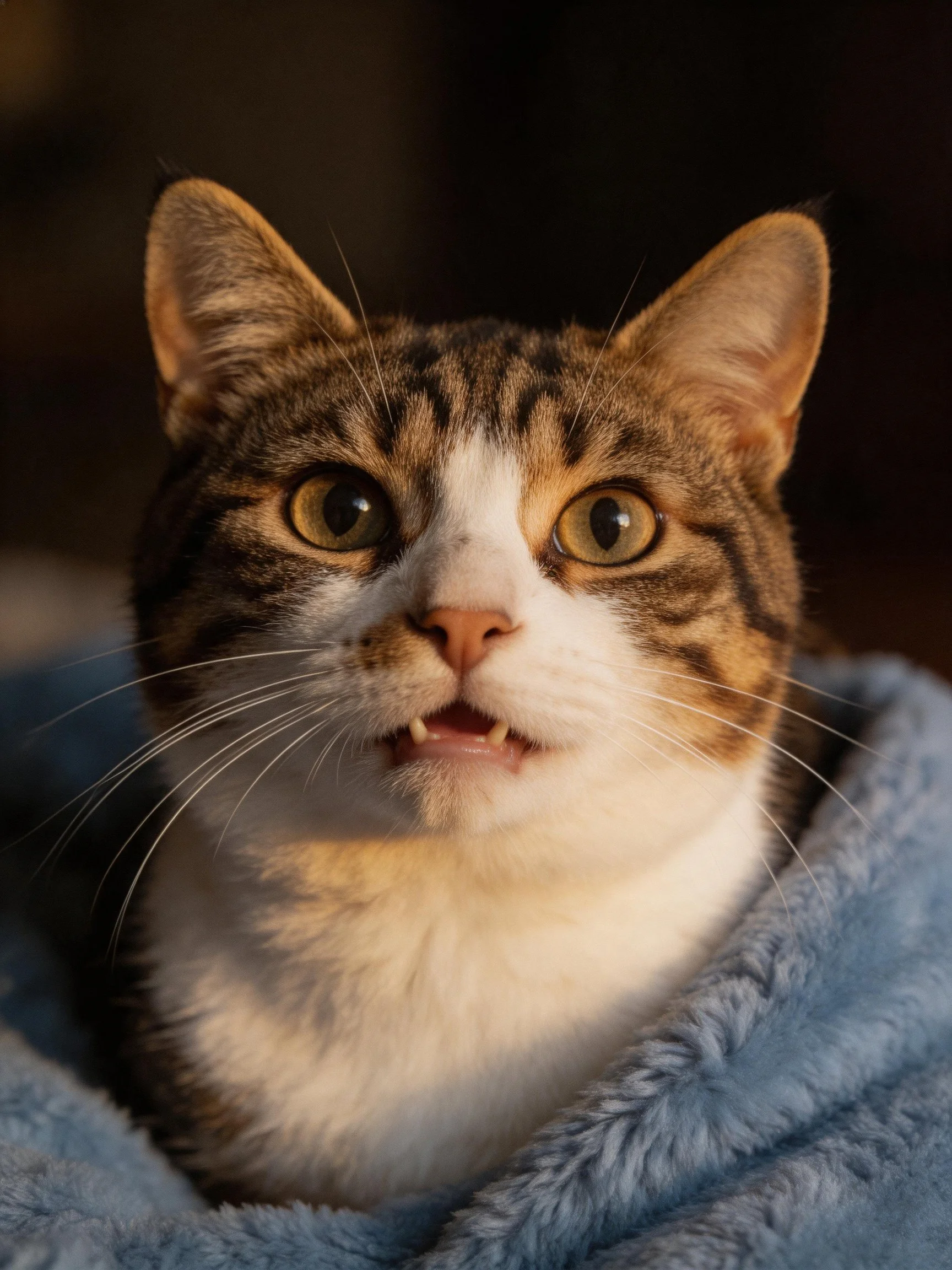 A tabby cat with brown, black, and white fur rests on a blue blanket.