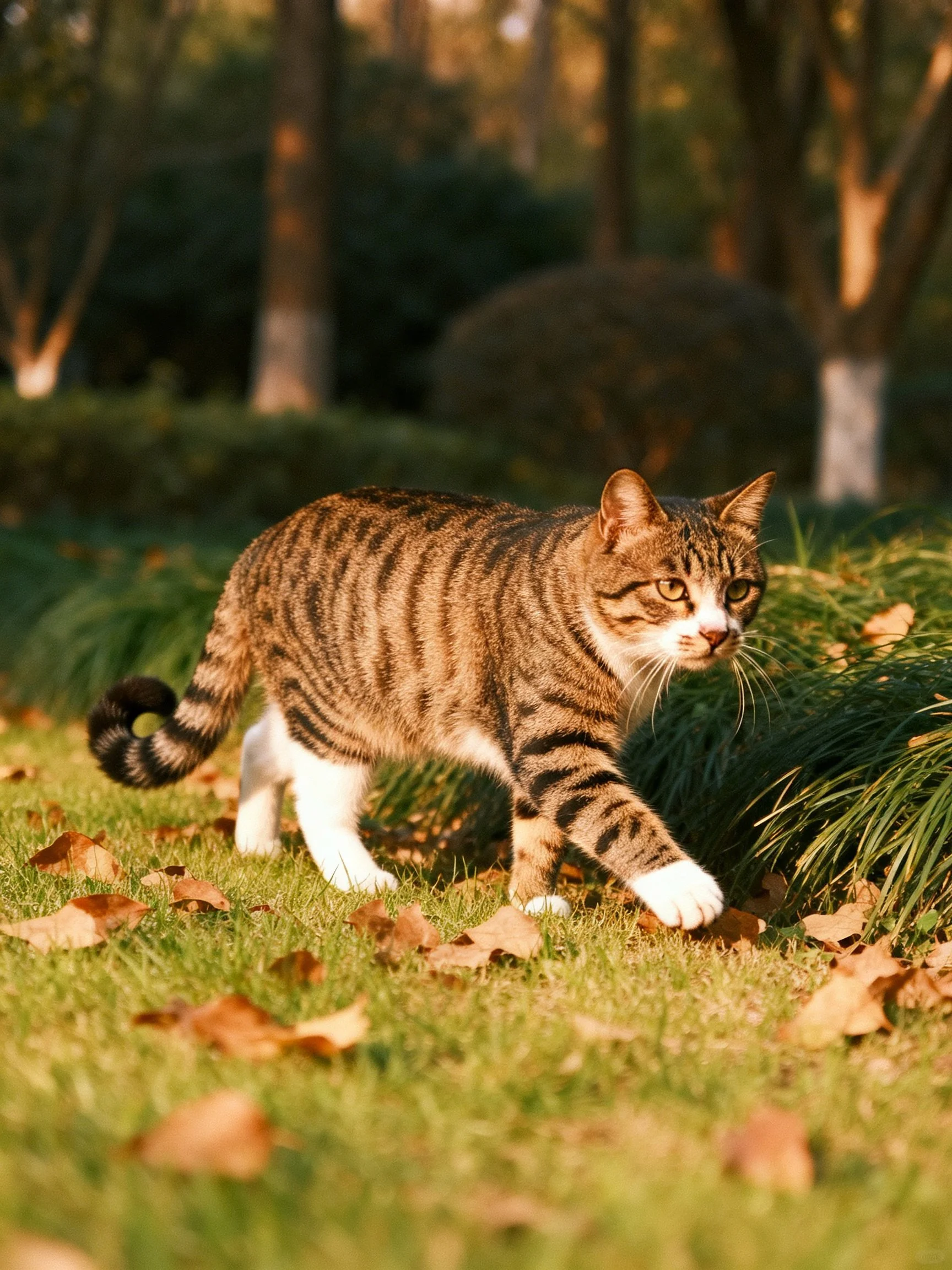 A tabby cat with brown stripes walks on grass with fallen leaves