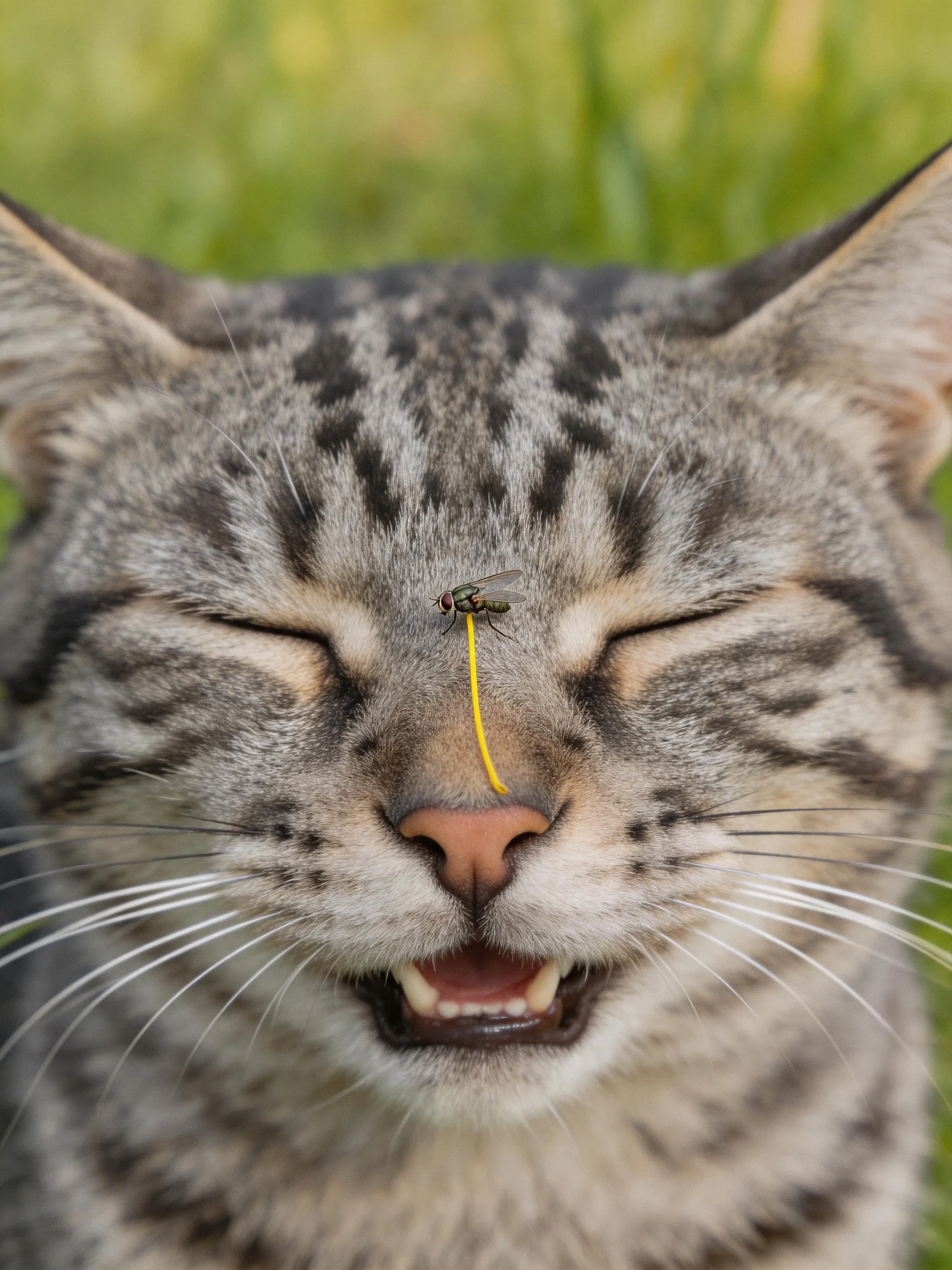 A tabby cat with closed eyes has a fly on its nose in a grassy area