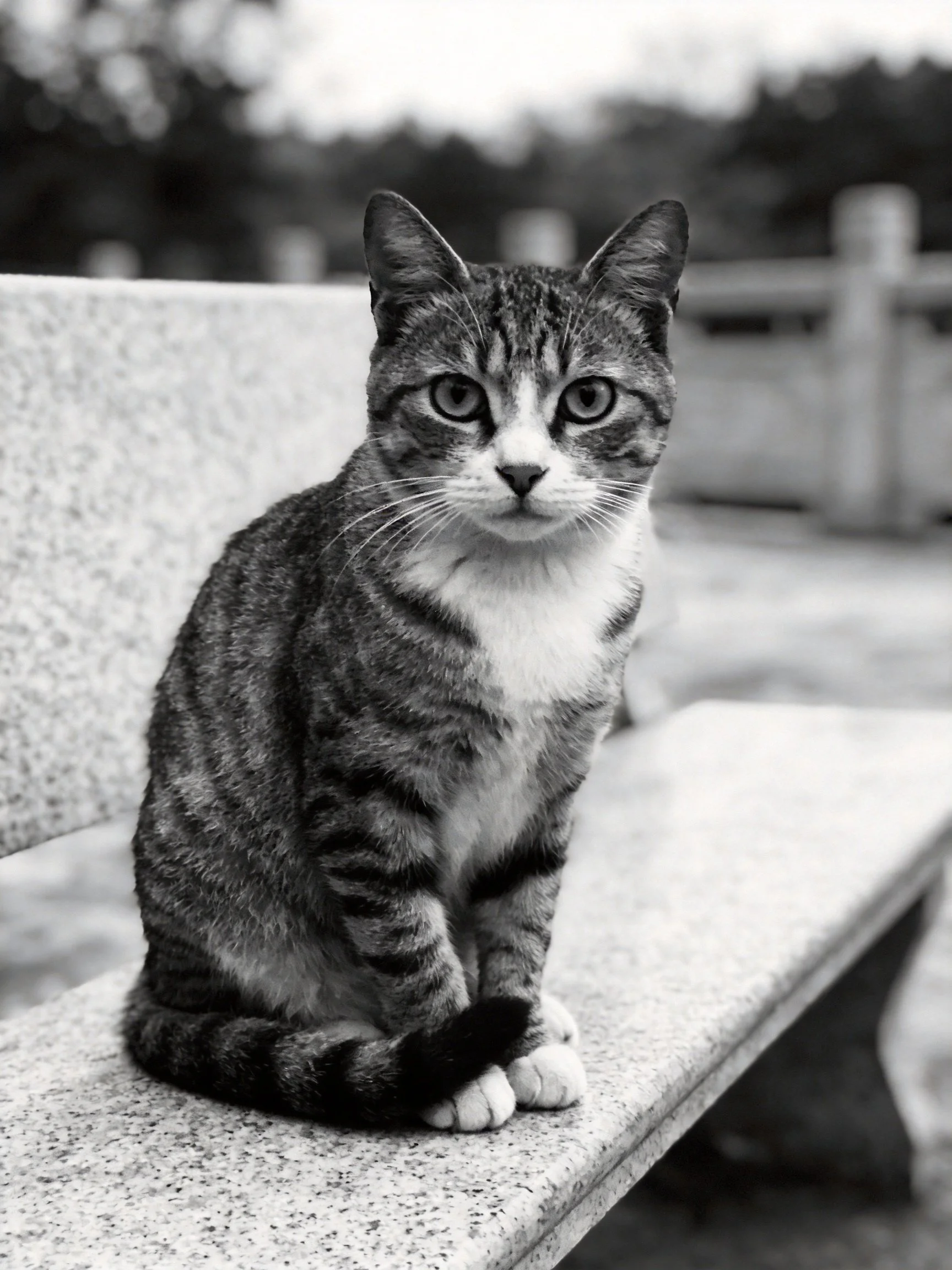 A tabby cat with distinct stripes sits on a stone bench outdoors