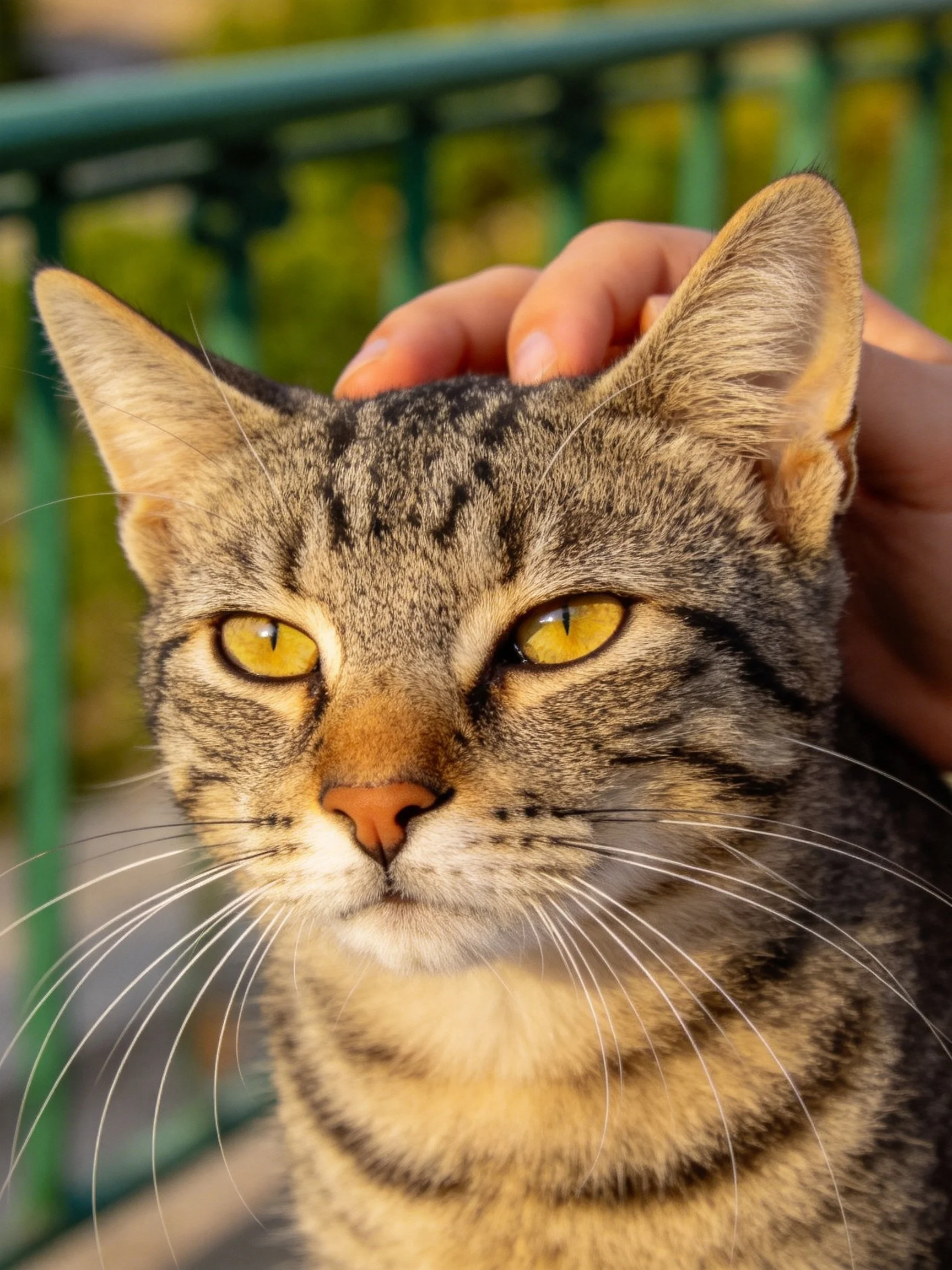 A tabby cat with golden eyes being gently petted near green railings
