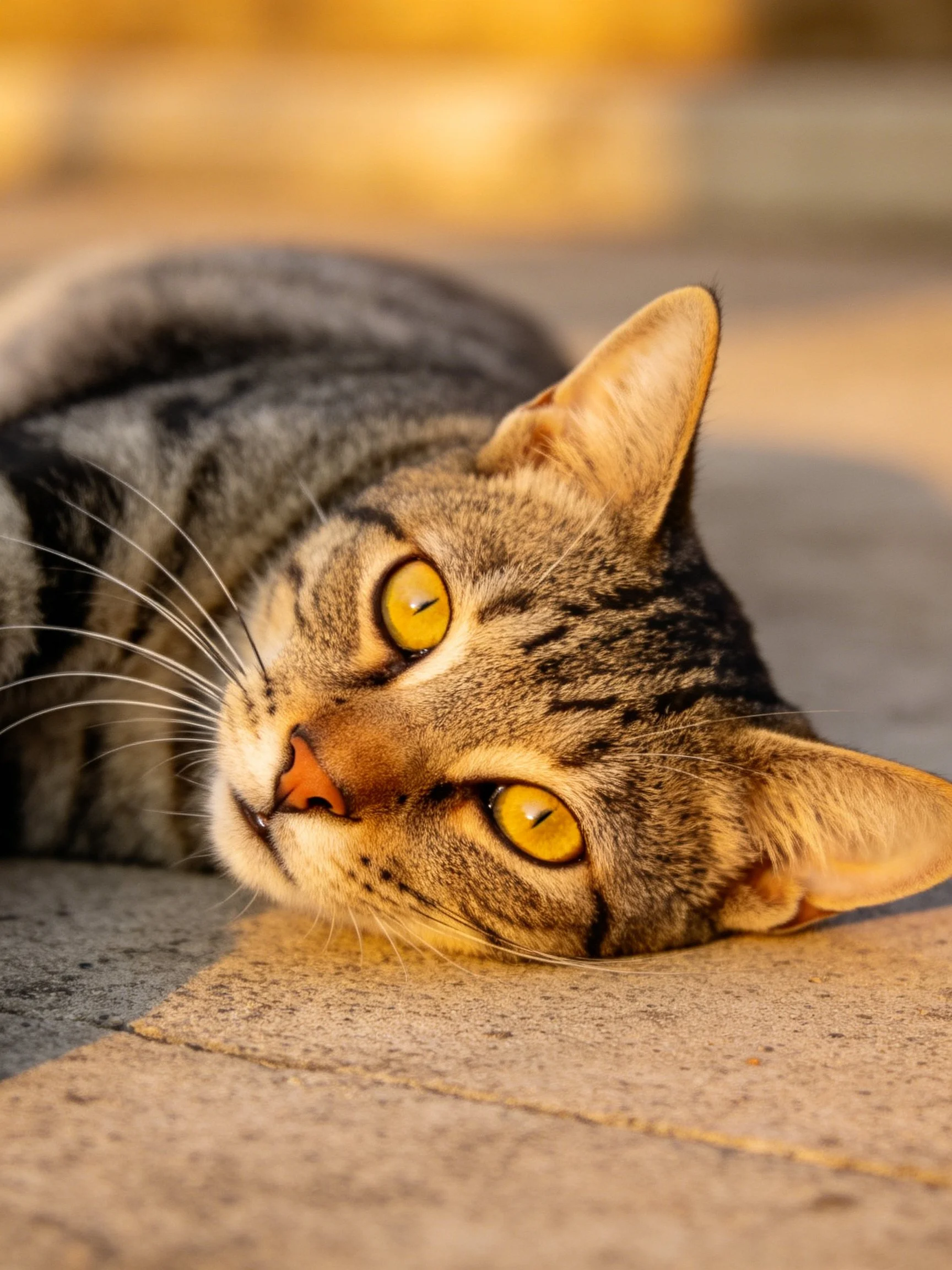 A tabby cat with golden eyes resting on a stone pavement