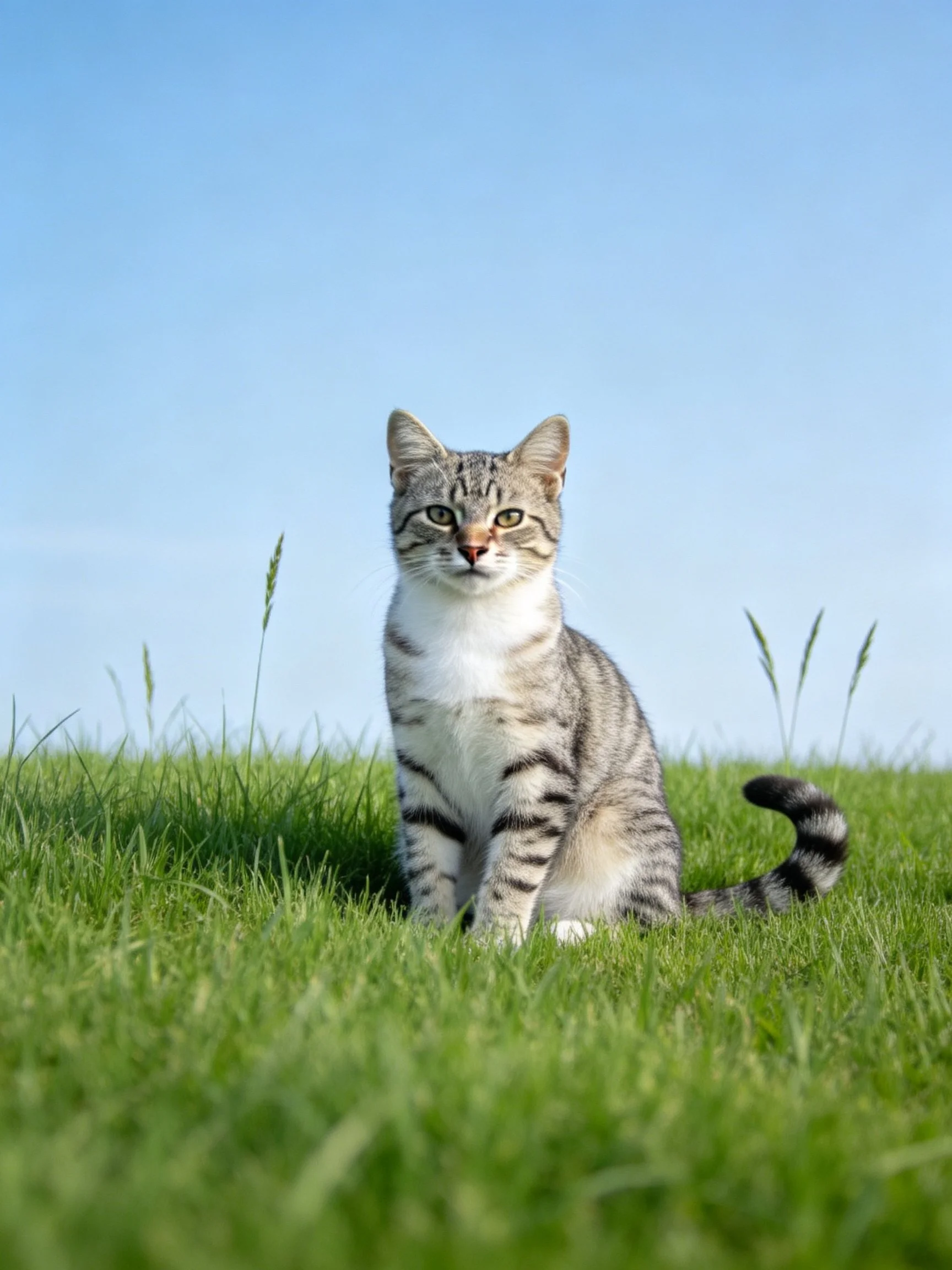 A tabby cat sits in green grass beneath a clear blue sky.
