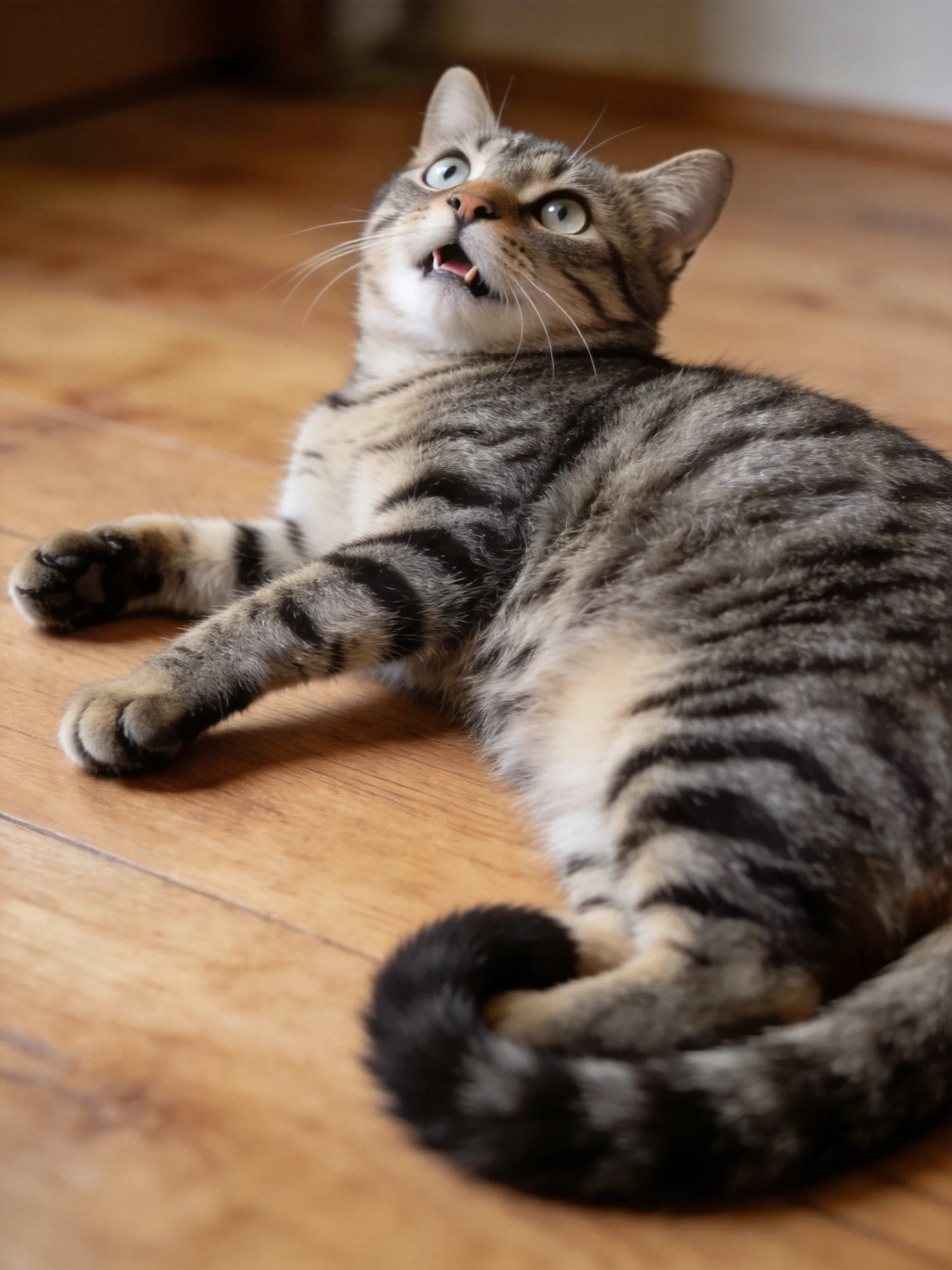 A tabby cat with gray-black stripes lies on wooden flooring