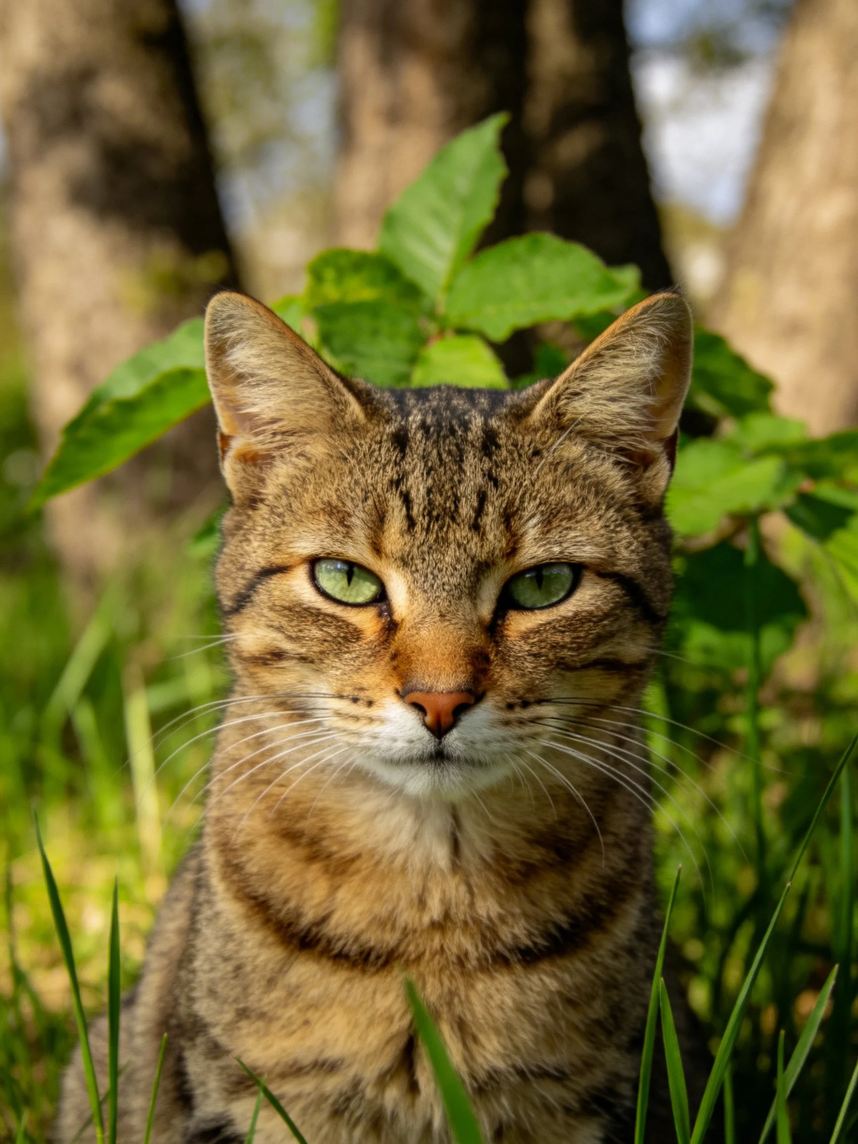 A tabby cat with green eyes amidst lush greenery near trees
