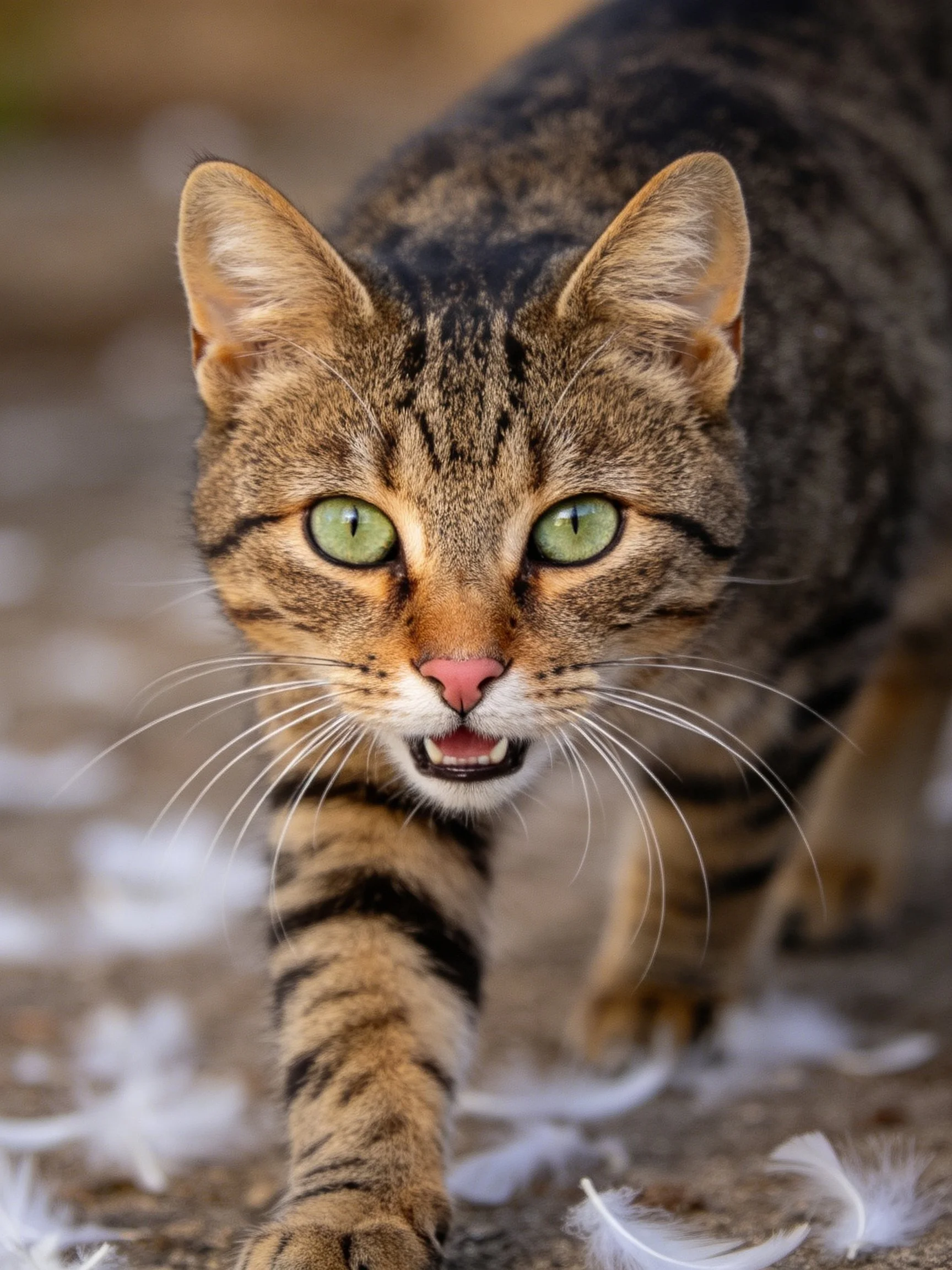 A tabby cat with green eyes among scattered feathers