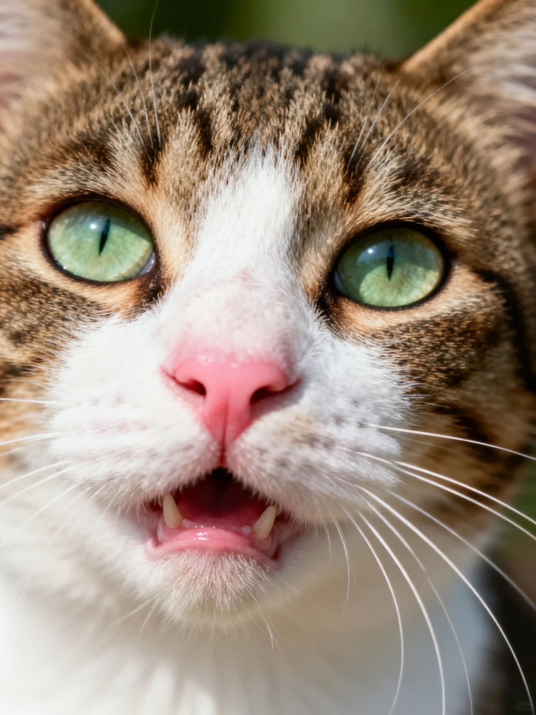 A tabby cat with green eyes and pink nose is depicted in a close - up photograph.