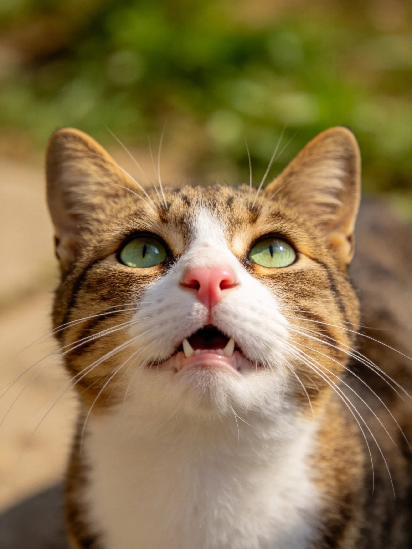A tabby cat with green eyes gazes upward in an outdoor setting.