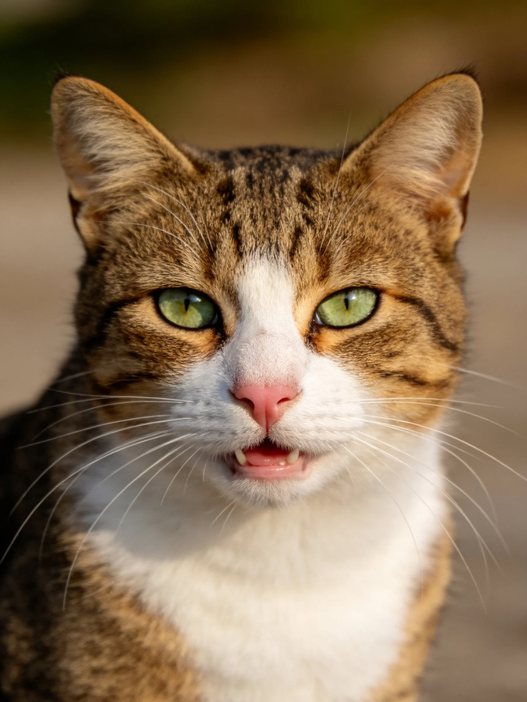 A tabby cat with green eyes and pink nose