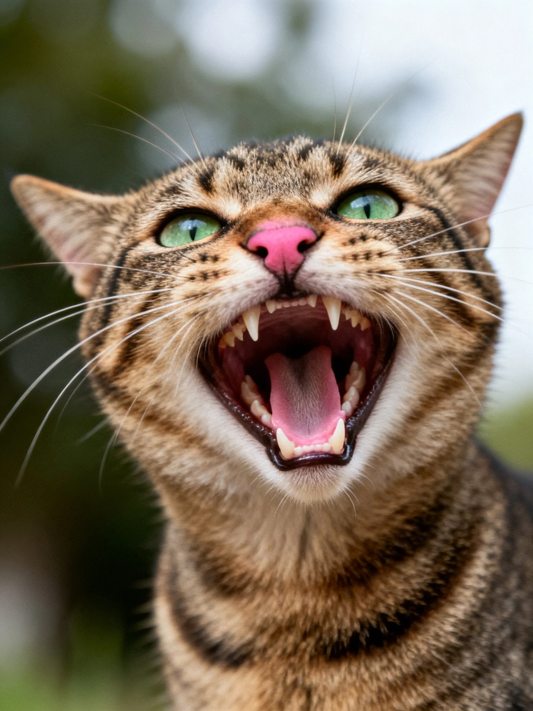 A tabby cat opens its mouth wide, revealing sharp teeth.