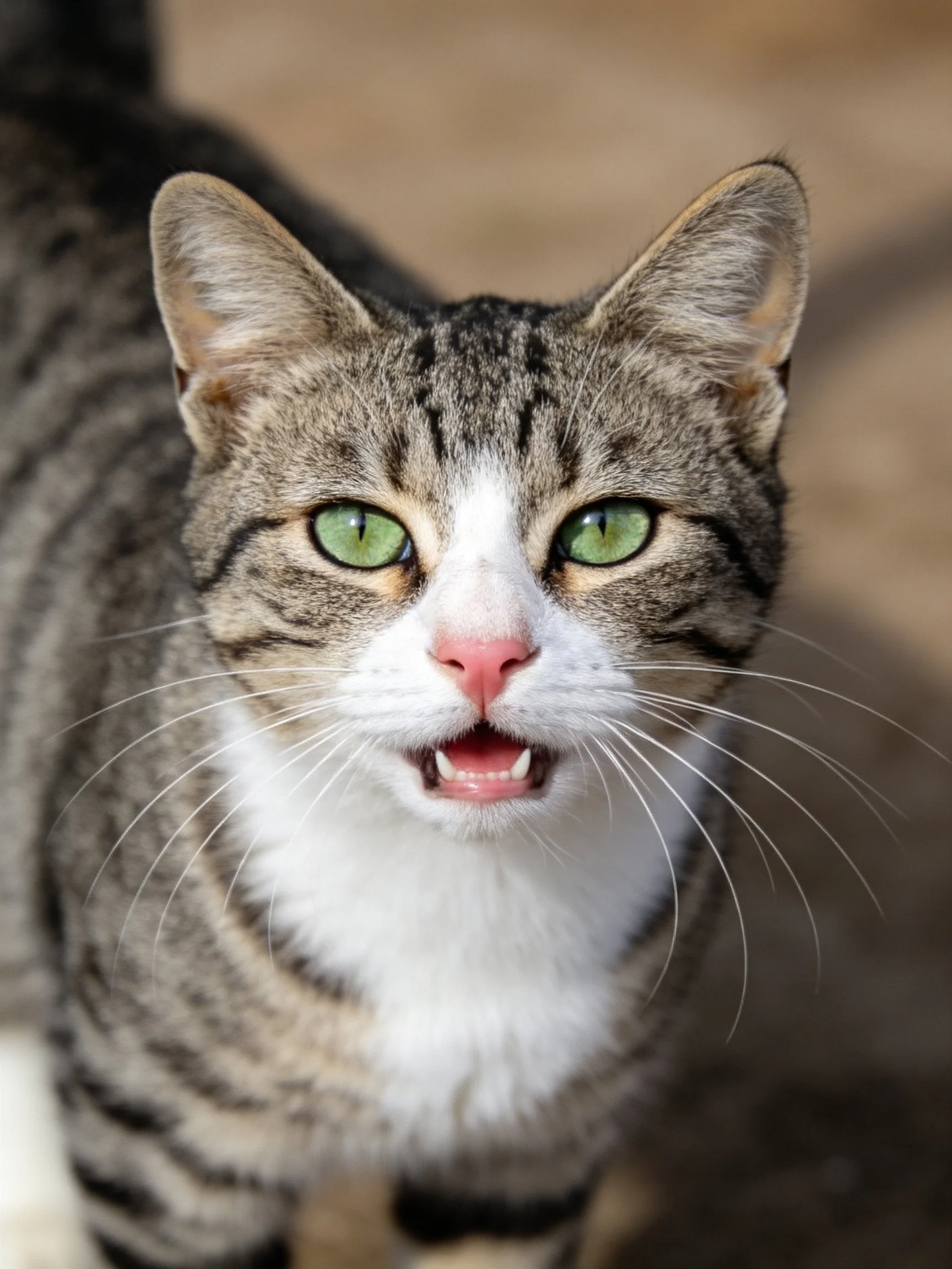 A tabby cat with green eyes and striped fur