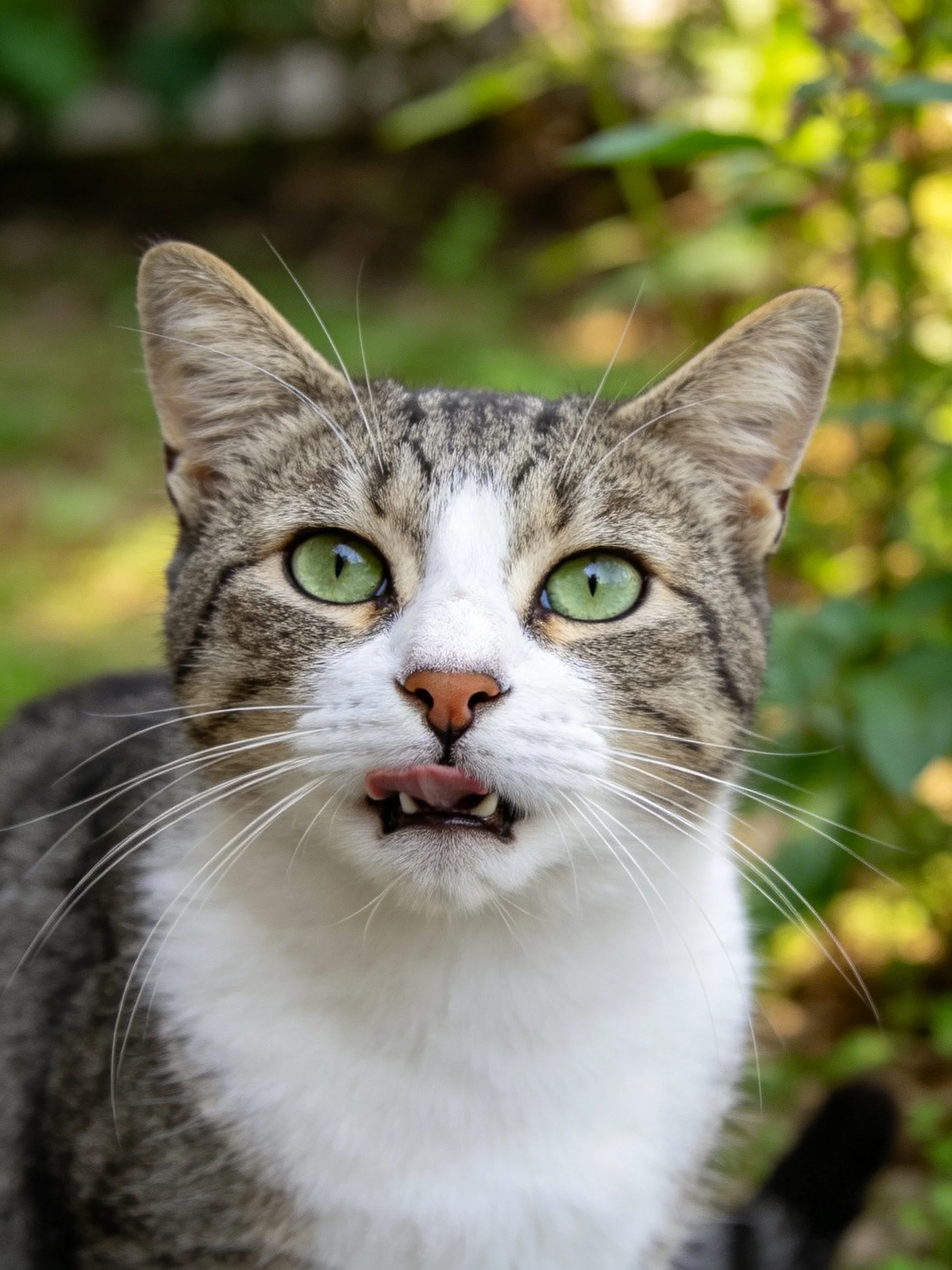 A tabby cat with green eyes stands near green plants.