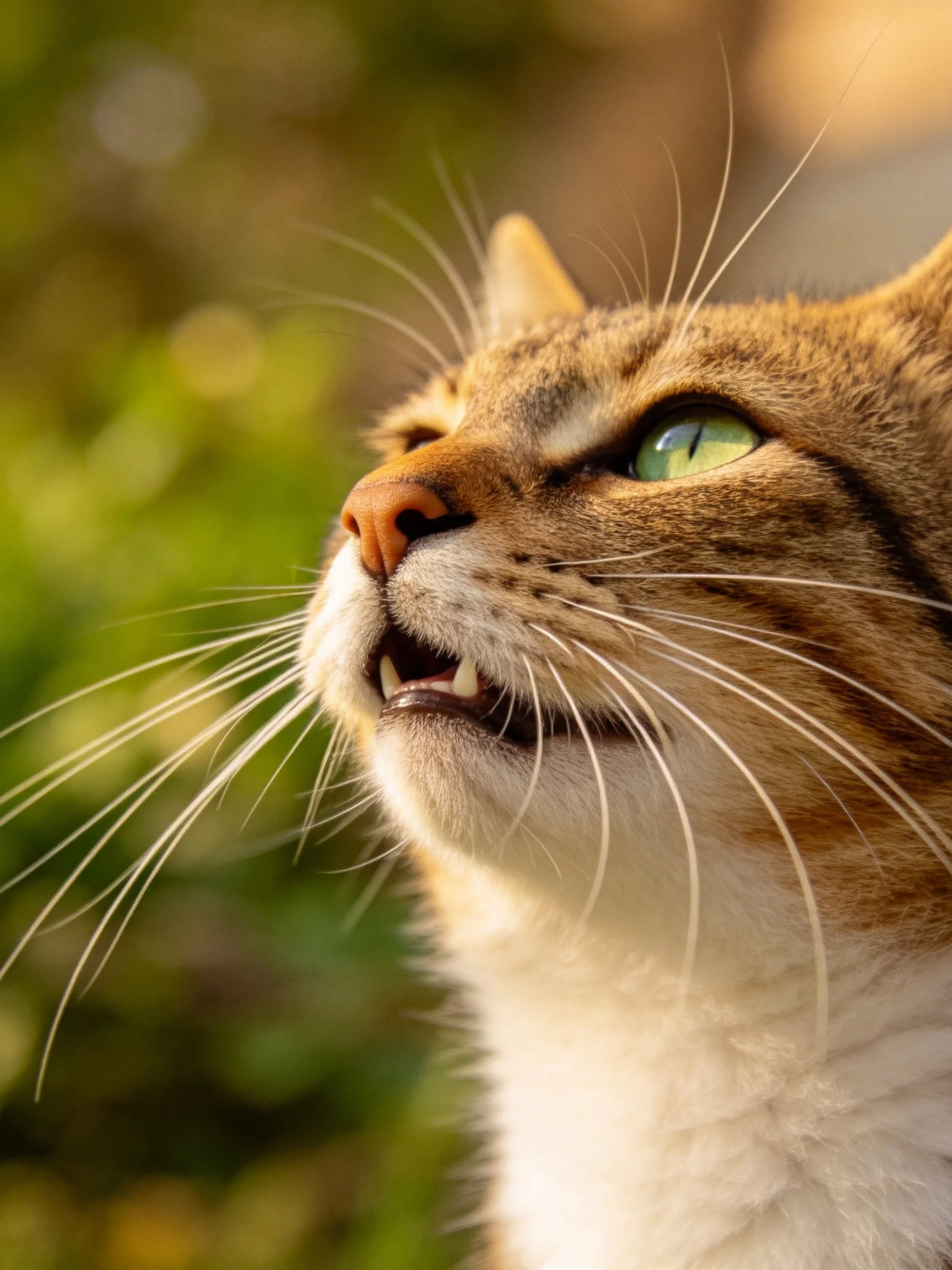 A tabby cat with green eyes and white fur in an outdoor setting
