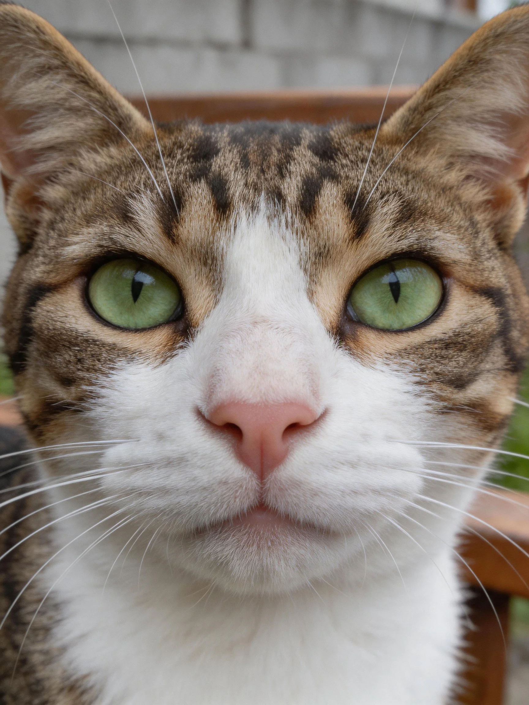 A tabby cat with green eyes and white markings is depicted in a close-up photograph.