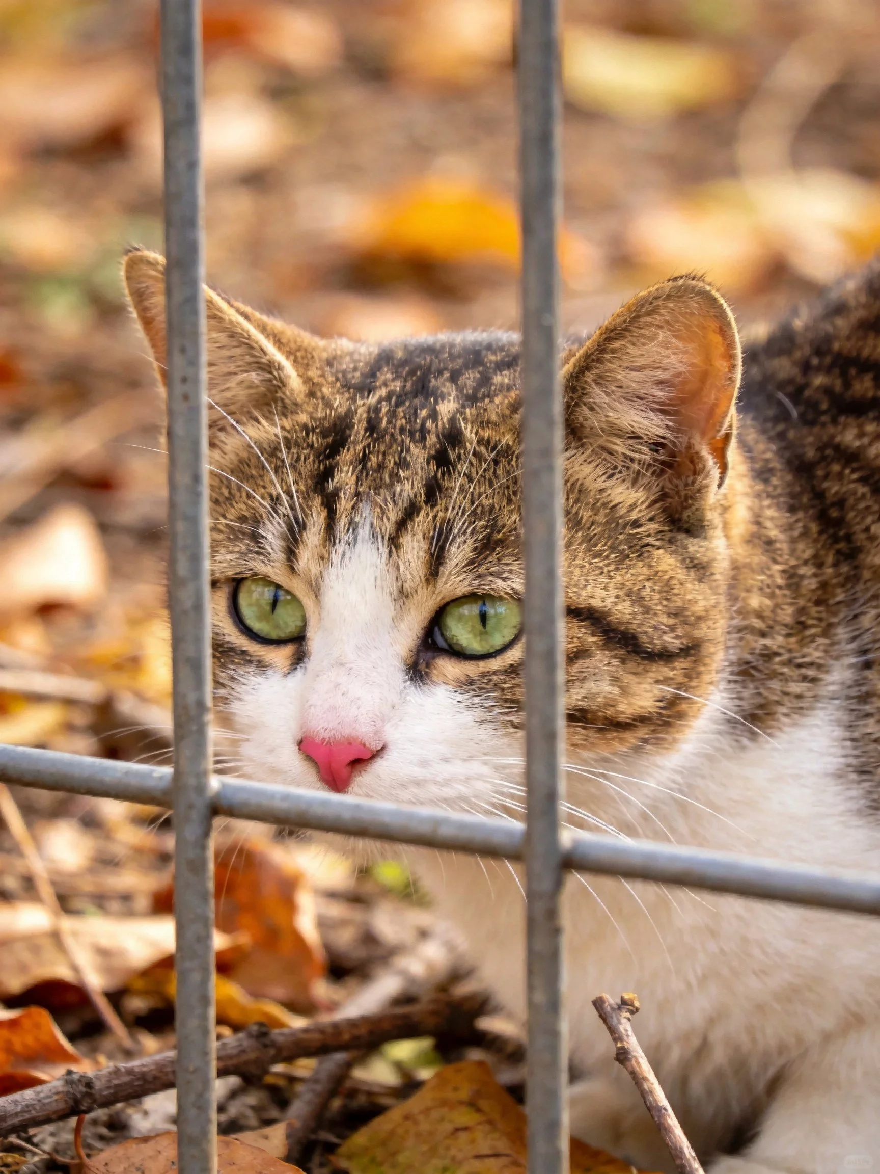 A tabby cat with green eyes behind metal bars among autumn leaves
