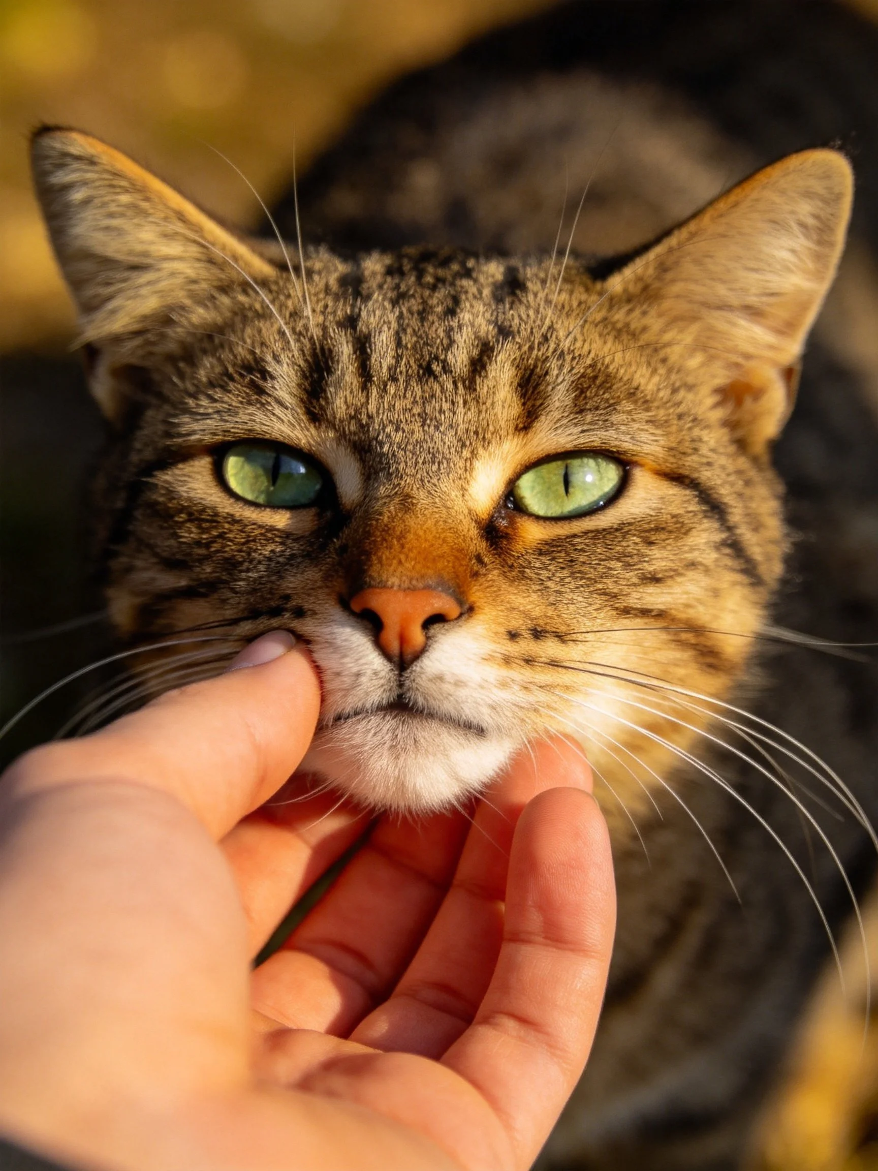 A tabby cat with green eyes being gently touched